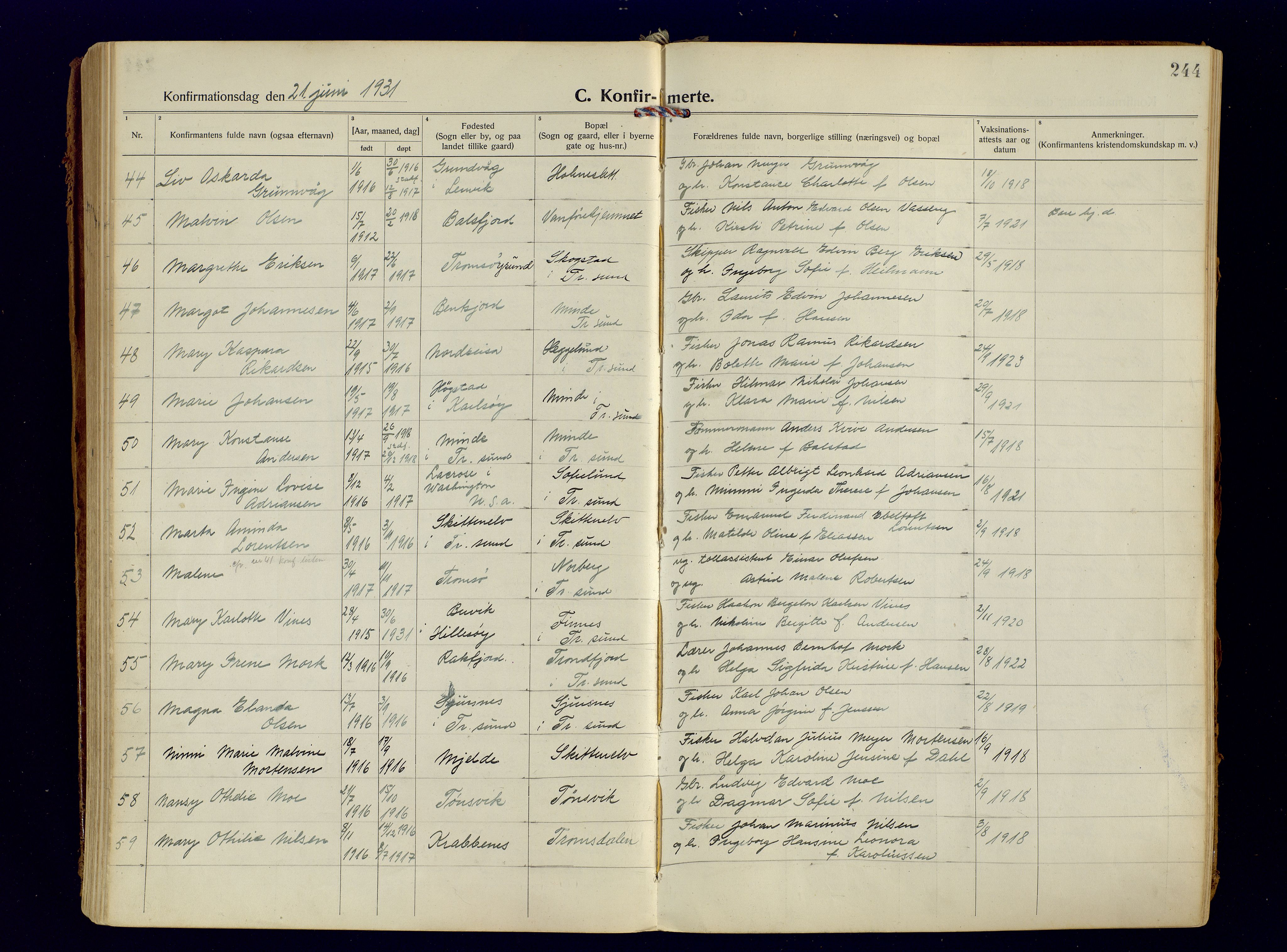 Tromsøysund sokneprestkontor, AV/SATØ-S-1304/G/Ga/L0009kirke: Parish register (official) no. 9, 1922-1934, p. 244