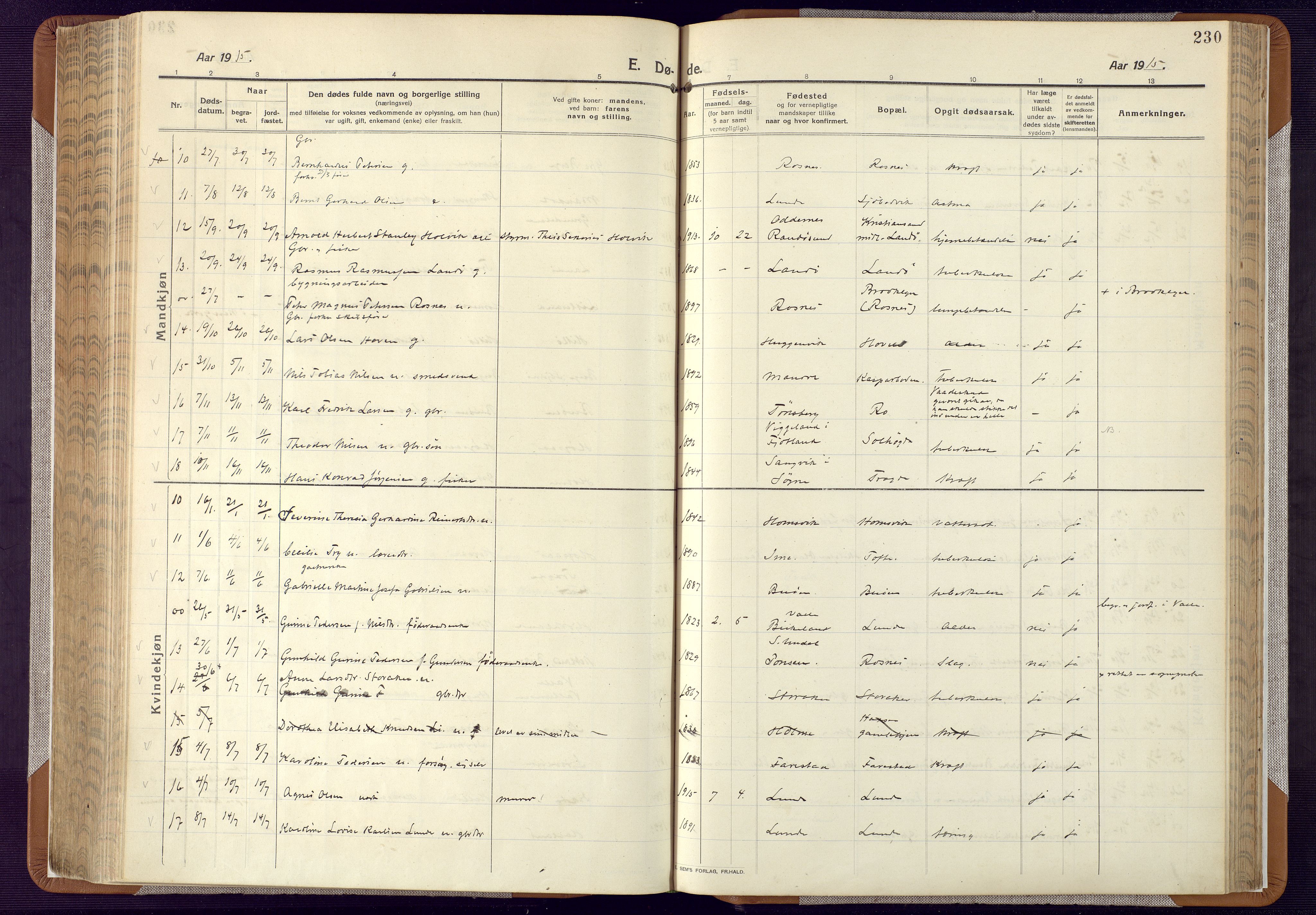 Mandal sokneprestkontor, AV/SAK-1111-0030/F/Fa/Faa/L0022: Parish register (official) no. A 22, 1913-1925, p. 230