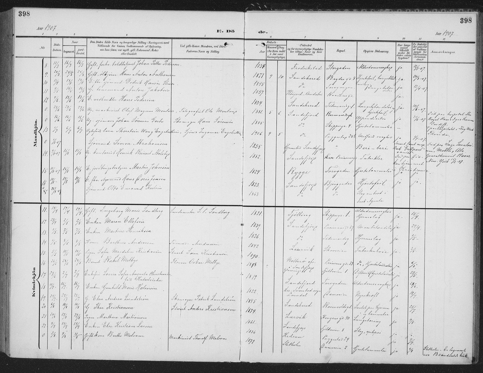 Sandefjord kirkebøker, AV/SAKO-A-315/G/Ga/L0003: Parish register (copy) no. 3, 1903-1920, p. 398