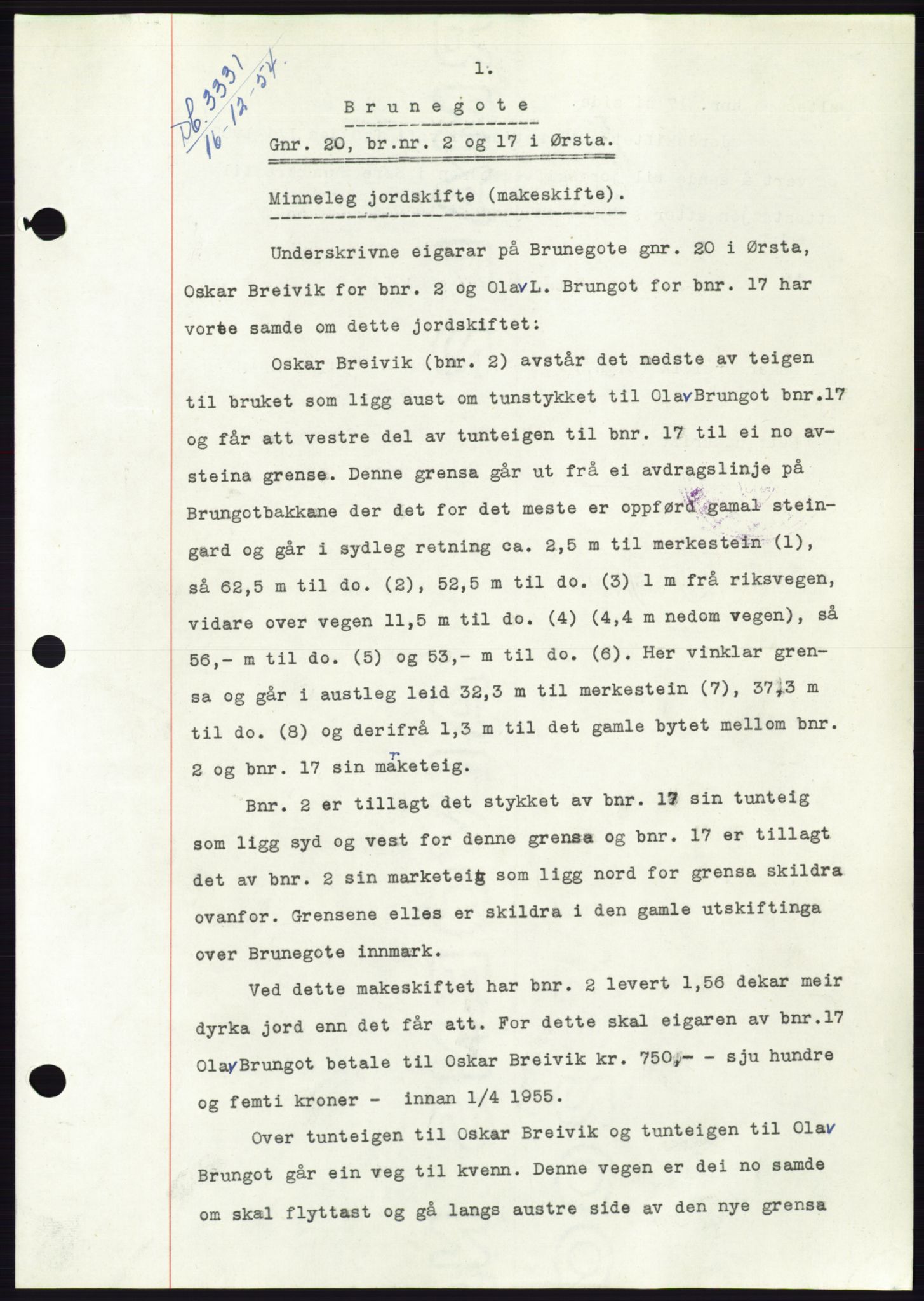 Søre Sunnmøre sorenskriveri, AV/SAT-A-4122/1/2/2C/L0099: Mortgage book no. 25A, 1954-1954, Diary no: : 3331/1954