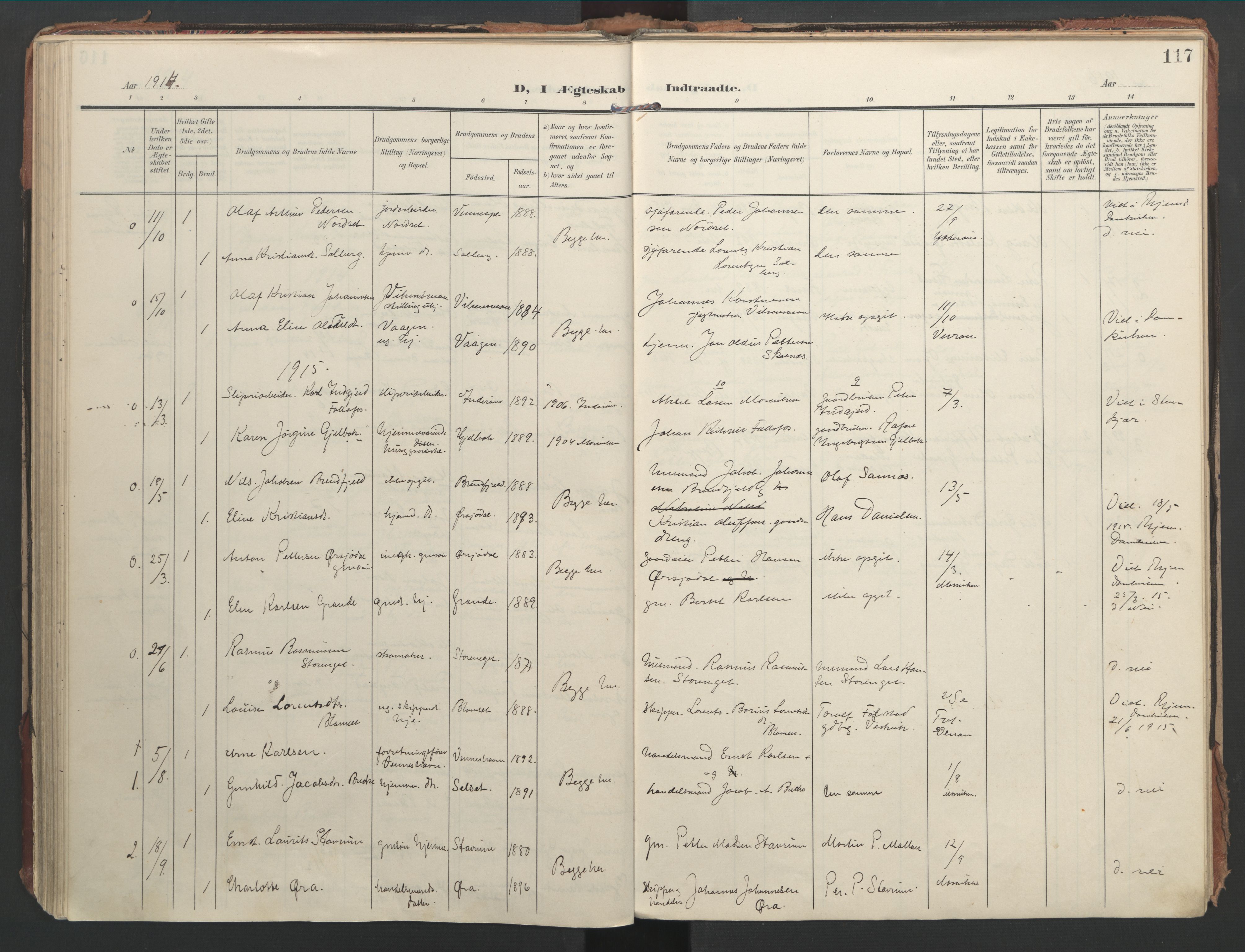 Ministerialprotokoller, klokkerbøker og fødselsregistre - Nord-Trøndelag, SAT/A-1458/744/L0421: Parish register (official) no. 744A05, 1905-1930, p. 117