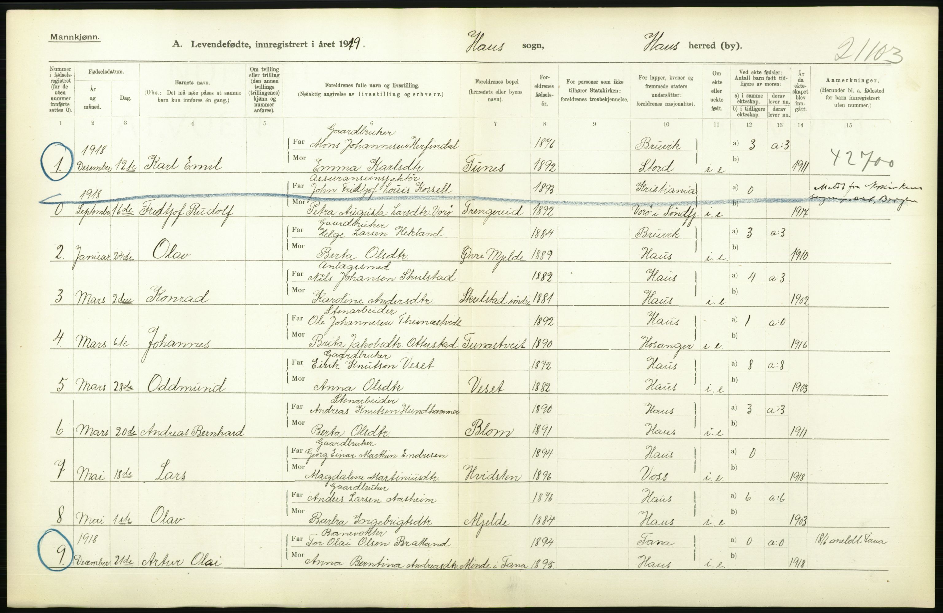 Statistisk sentralbyrå, Sosiodemografiske emner, Befolkning, AV/RA-S-2228/D/Df/Dfb/Dfbi/L0031: Hordaland fylke: Levendefødte menn og kvinner. Bygder., 1919, p. 340