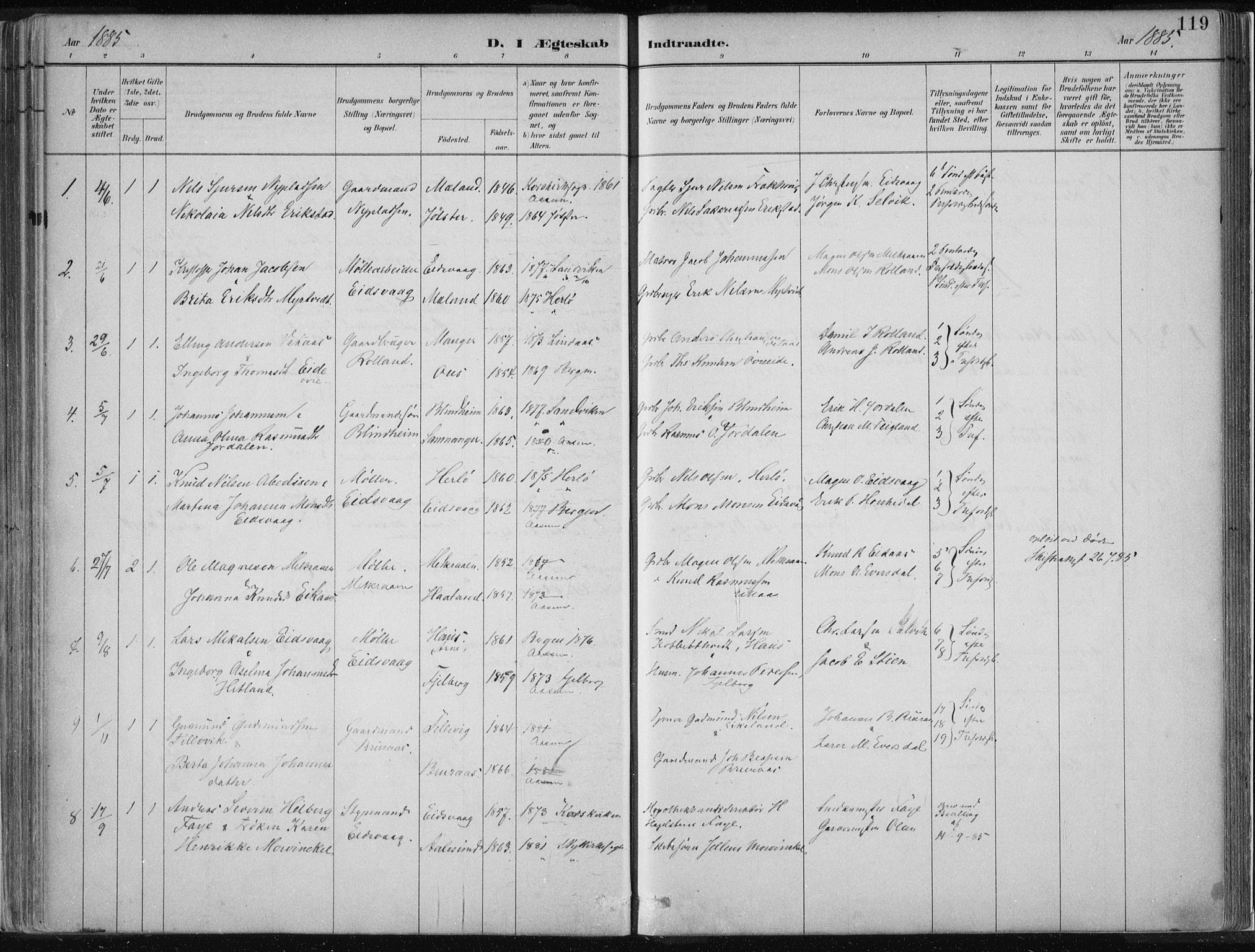 Hamre sokneprestembete, SAB/A-75501/H/Ha/Haa/Haad/L0001: Parish register (official) no. D  1, 1882-1906, p. 119