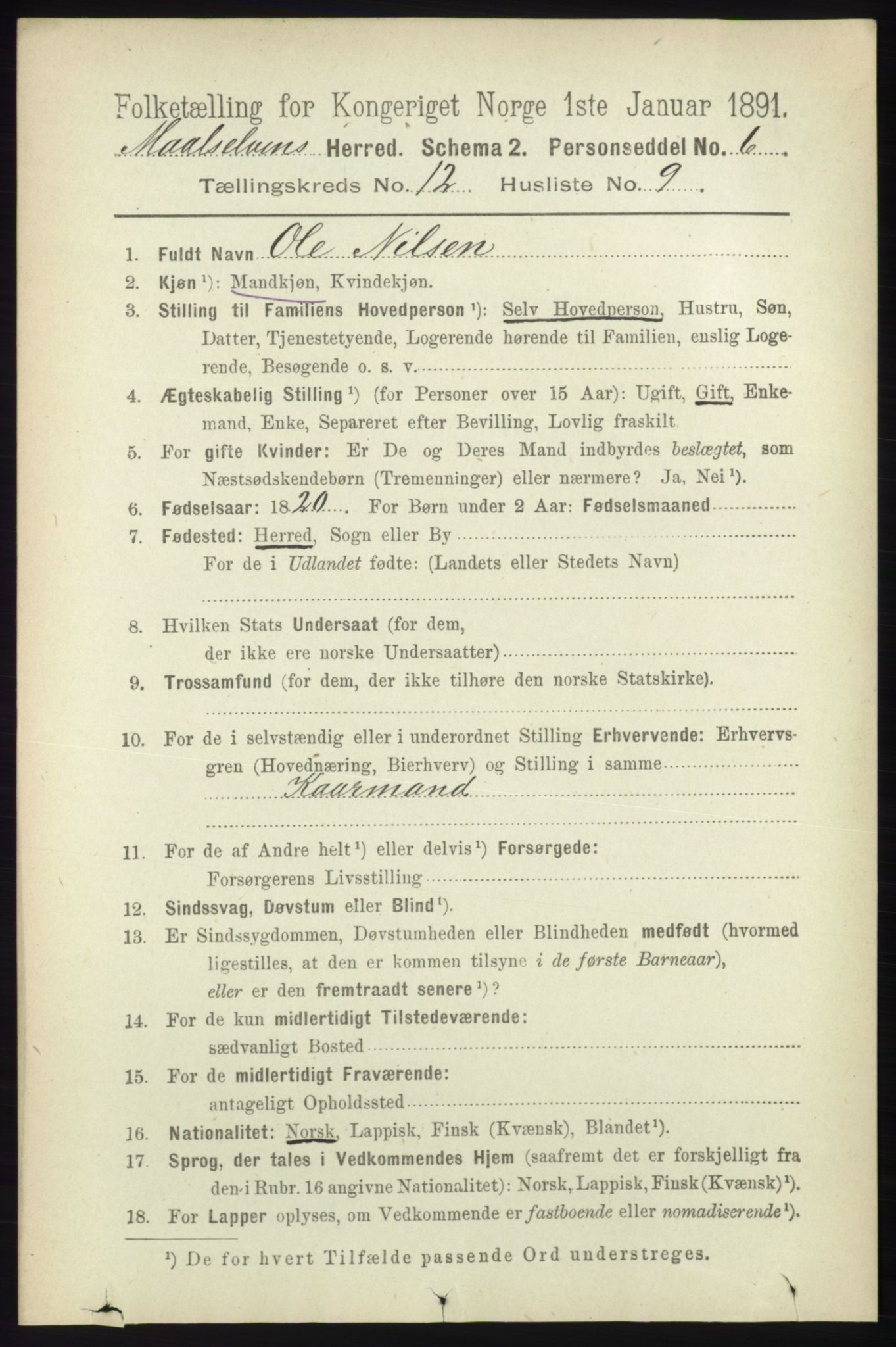 RA, 1891 census for 1924 Målselv, 1891, p. 3847