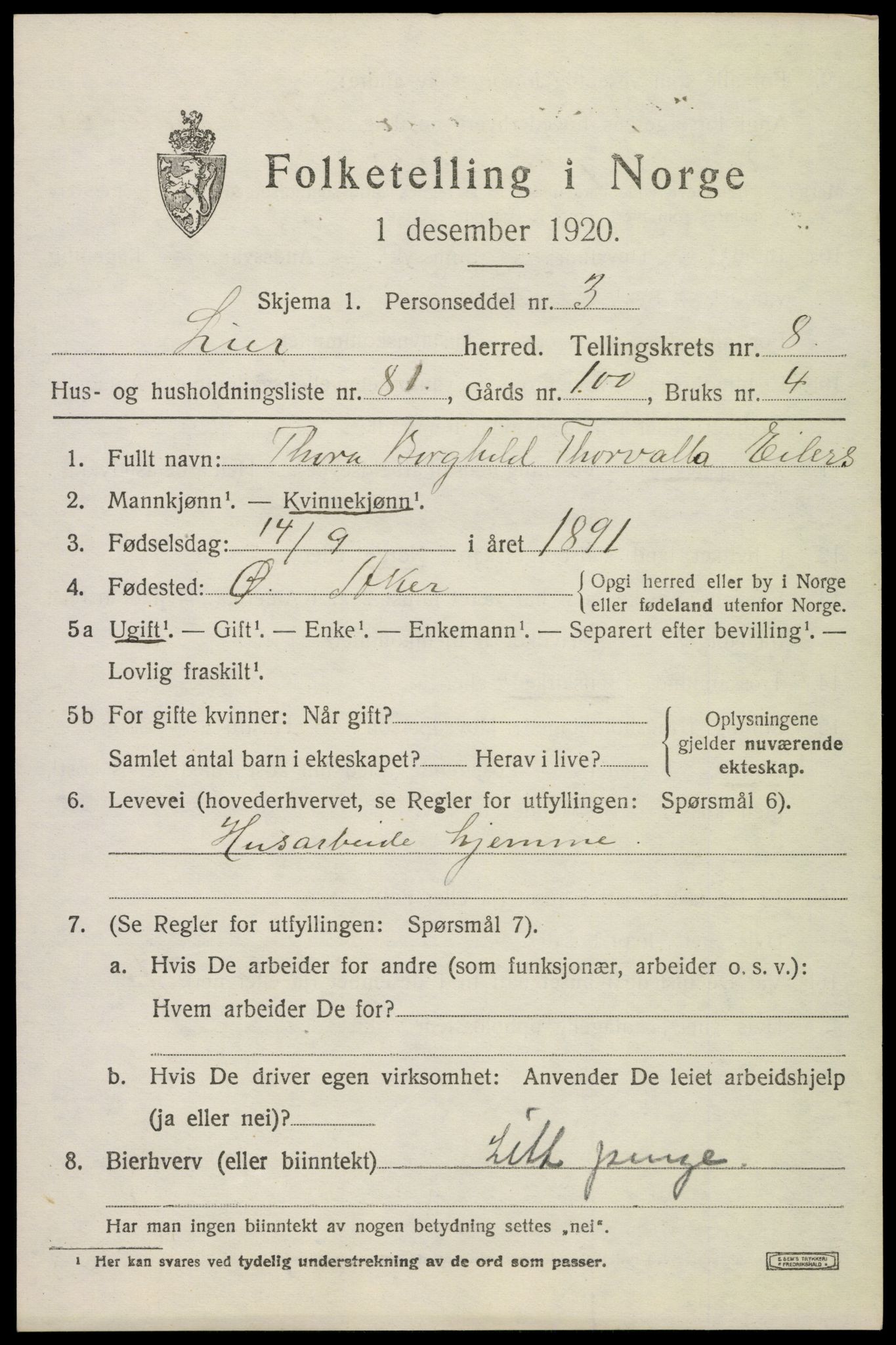 SAKO, 1920 census for Lier, 1920, p. 14798