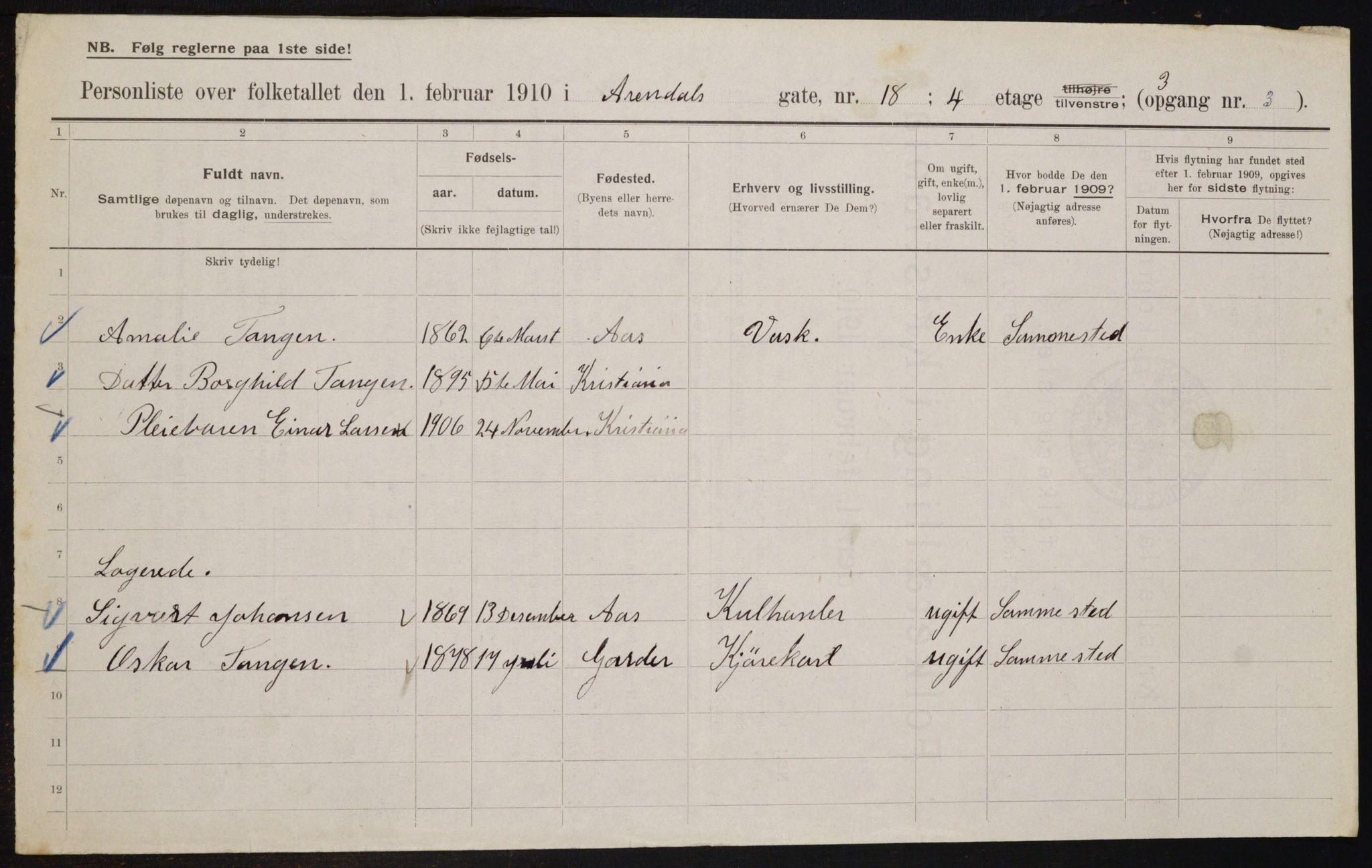 OBA, Municipal Census 1910 for Kristiania, 1910, p. 2013