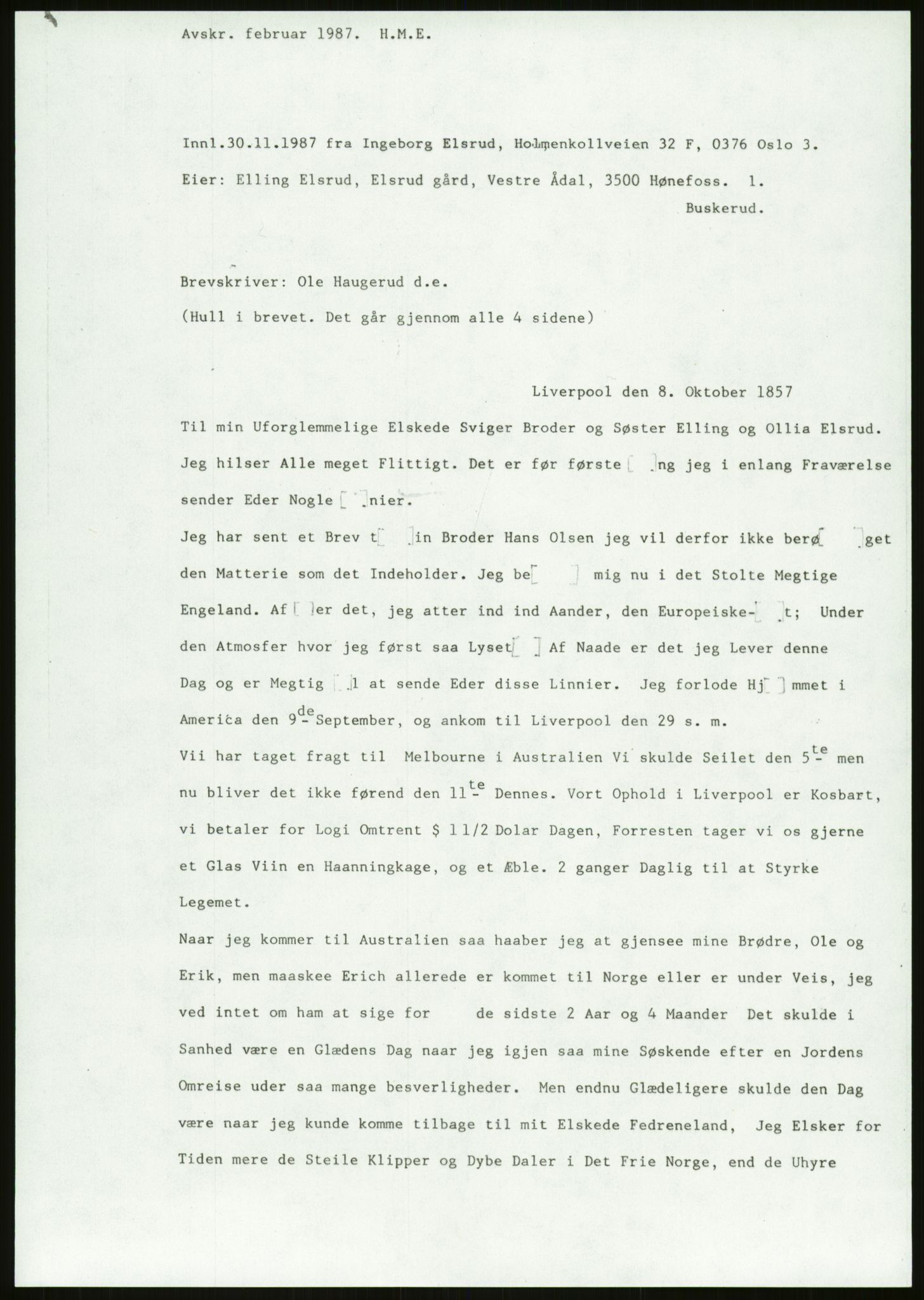 Samlinger til kildeutgivelse, Amerikabrevene, AV/RA-EA-4057/F/L0018: Innlån fra Buskerud: Elsrud, 1838-1914, p. 299