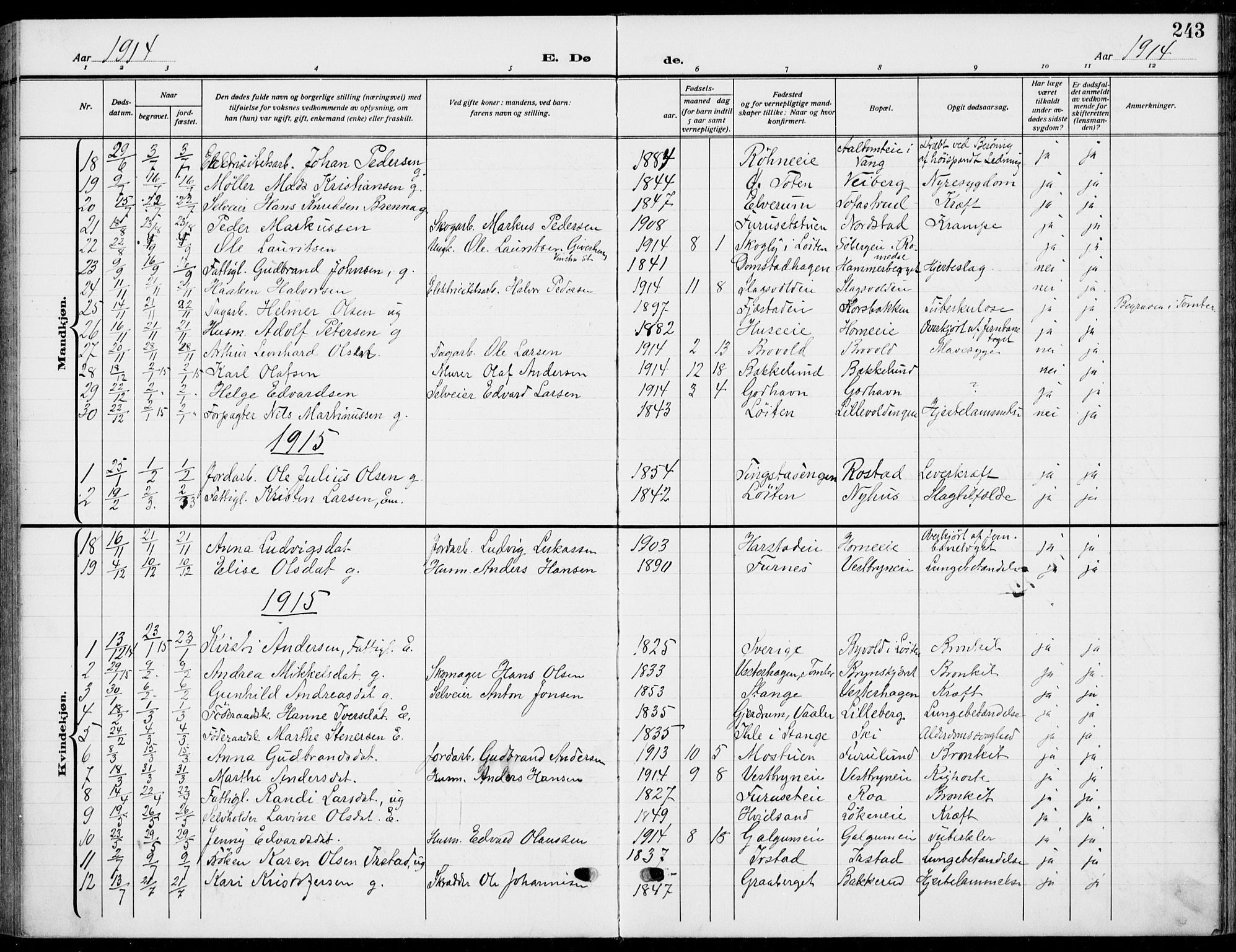 Romedal prestekontor, AV/SAH-PREST-004/K/L0012: Parish register (official) no. 12, 1913-1935, p. 243