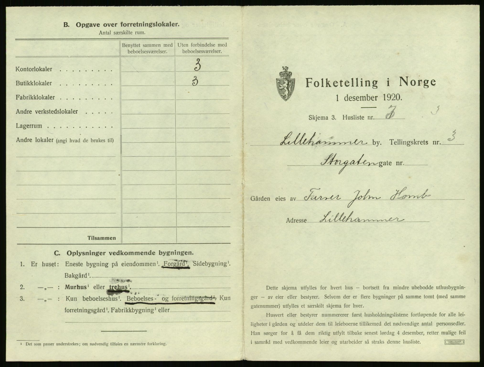 SAH, 1920 census for Lillehammer, 1920, p. 308