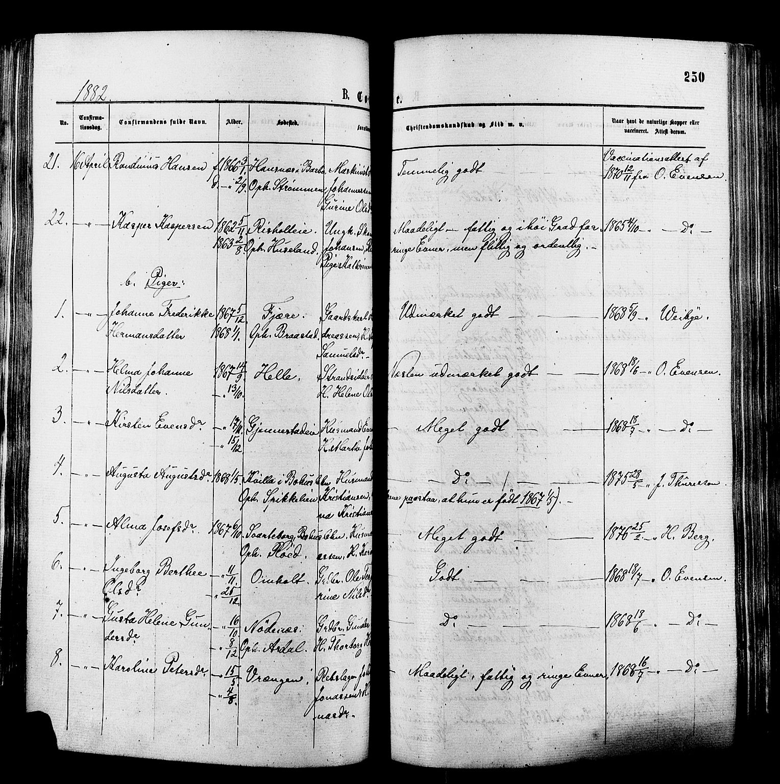 Øyestad sokneprestkontor, AV/SAK-1111-0049/F/Fa/L0016: Parish register (official) no. A 16, 1874-1886, p. 250