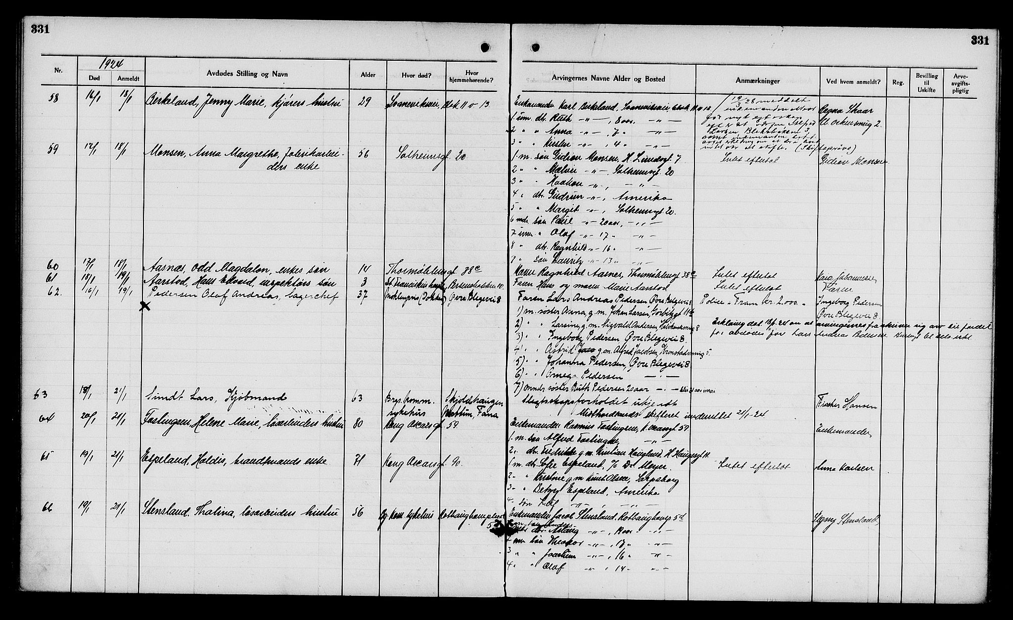 Byfogd og Byskriver i Bergen, AV/SAB-A-3401/06/06Na/L0014: Dødsfallsjournaler, 1921-1924, p. 331