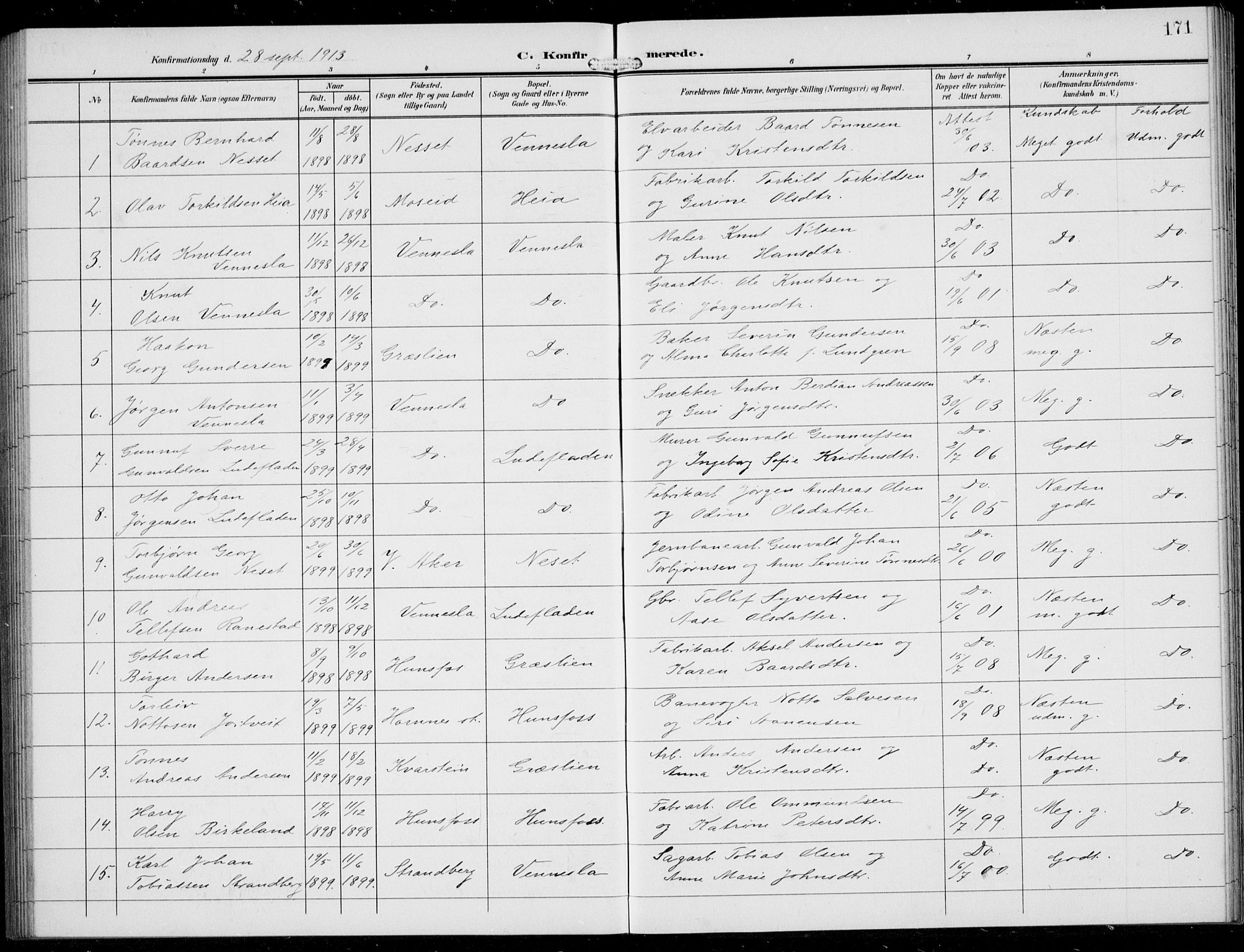 Vennesla sokneprestkontor, SAK/1111-0045/Fb/Fbb/L0005: Parish register (copy) no. B 5, 1903-1913, p. 171