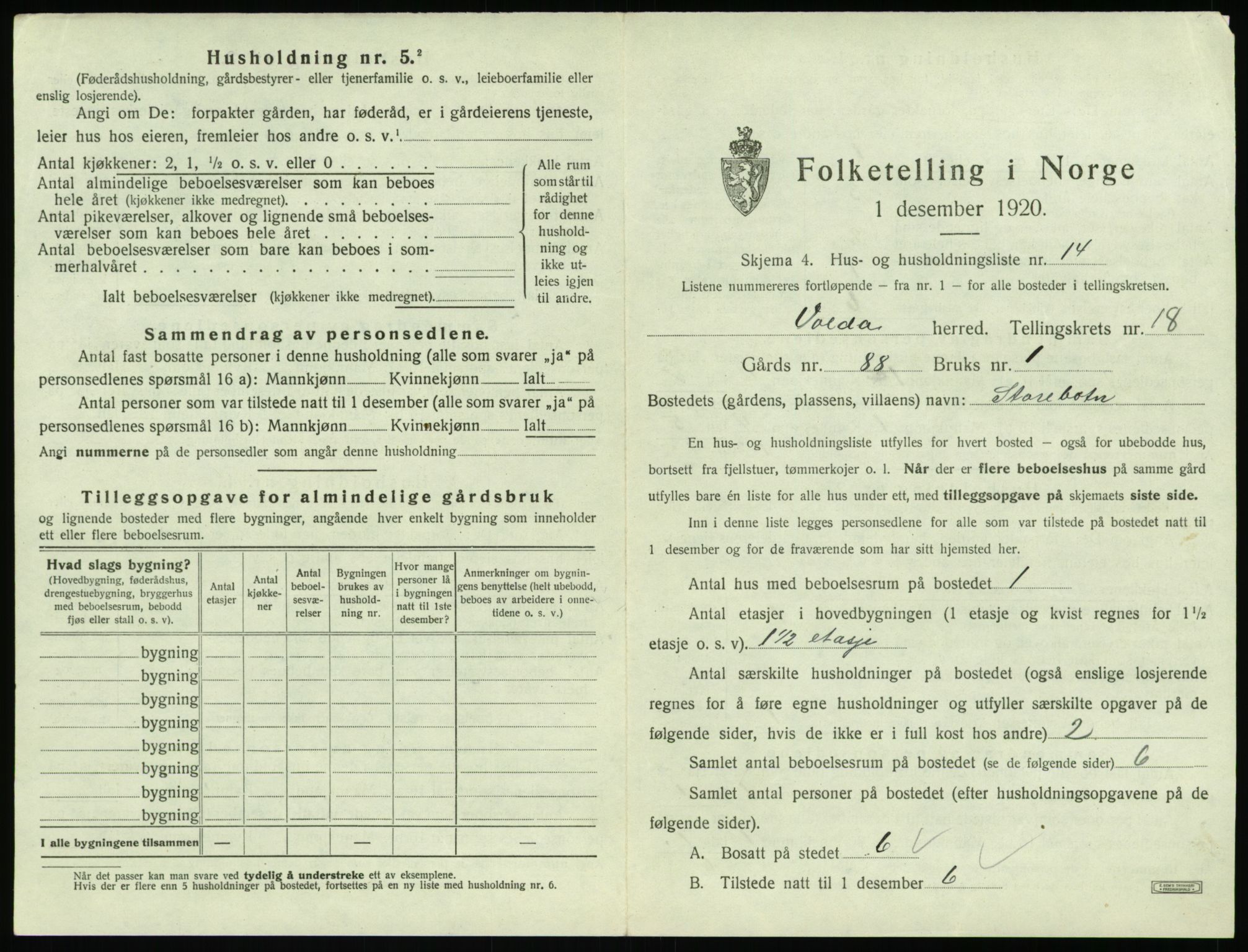 SAT, 1920 census for Volda, 1920, p. 1312