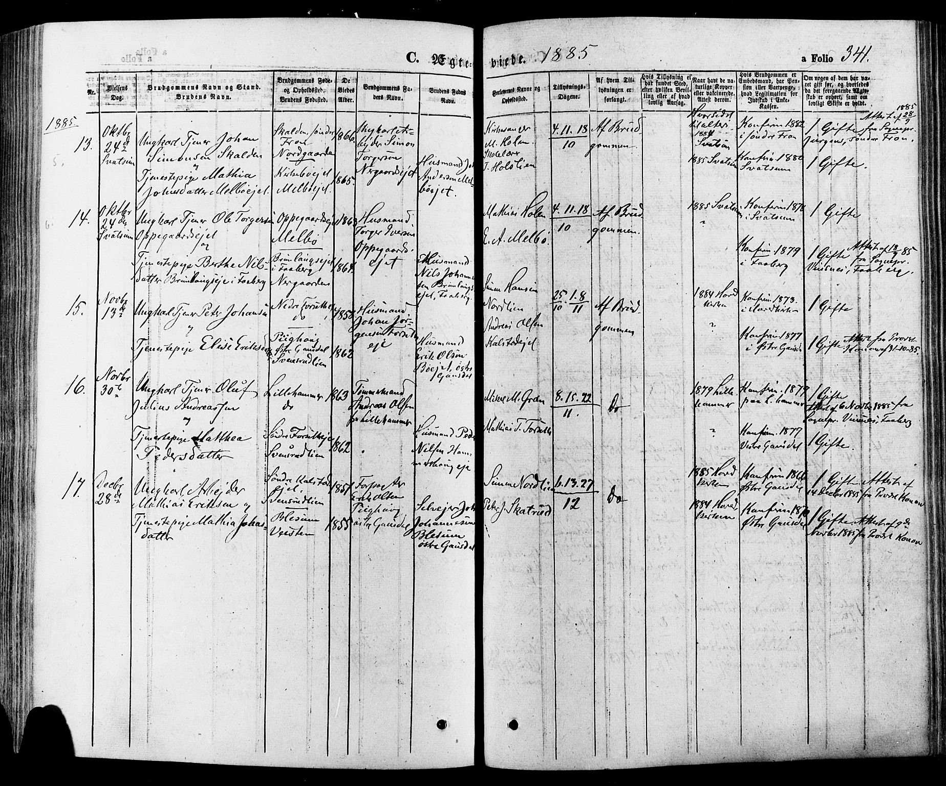 Gausdal prestekontor, SAH/PREST-090/H/Ha/Haa/L0010: Parish register (official) no. 10, 1867-1886, p. 341