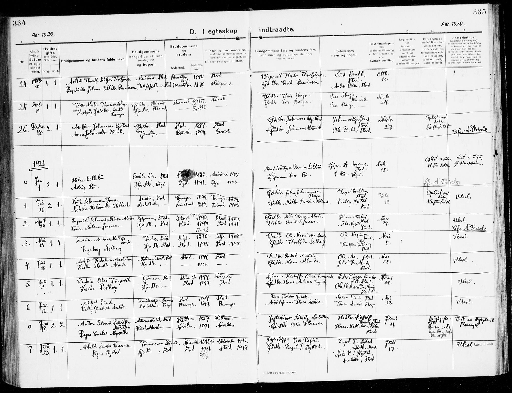 Stord sokneprestembete, AV/SAB-A-78201/H/Haa: Parish register (official) no. B 3, 1913-1925, p. 334-335