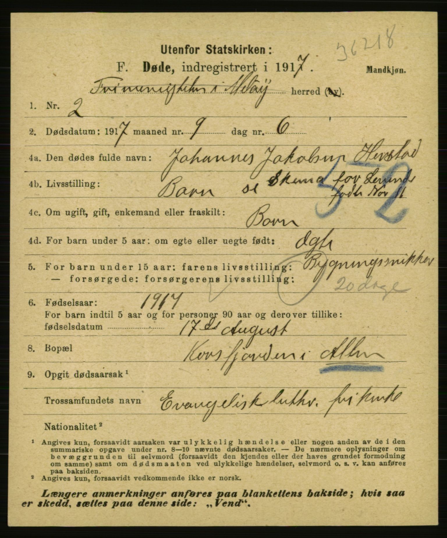 Statistisk sentralbyrå, Sosiodemografiske emner, Befolkning, RA/S-2228/E/L0015: Fødte, gifte, døde dissentere., 1917, p. 3397