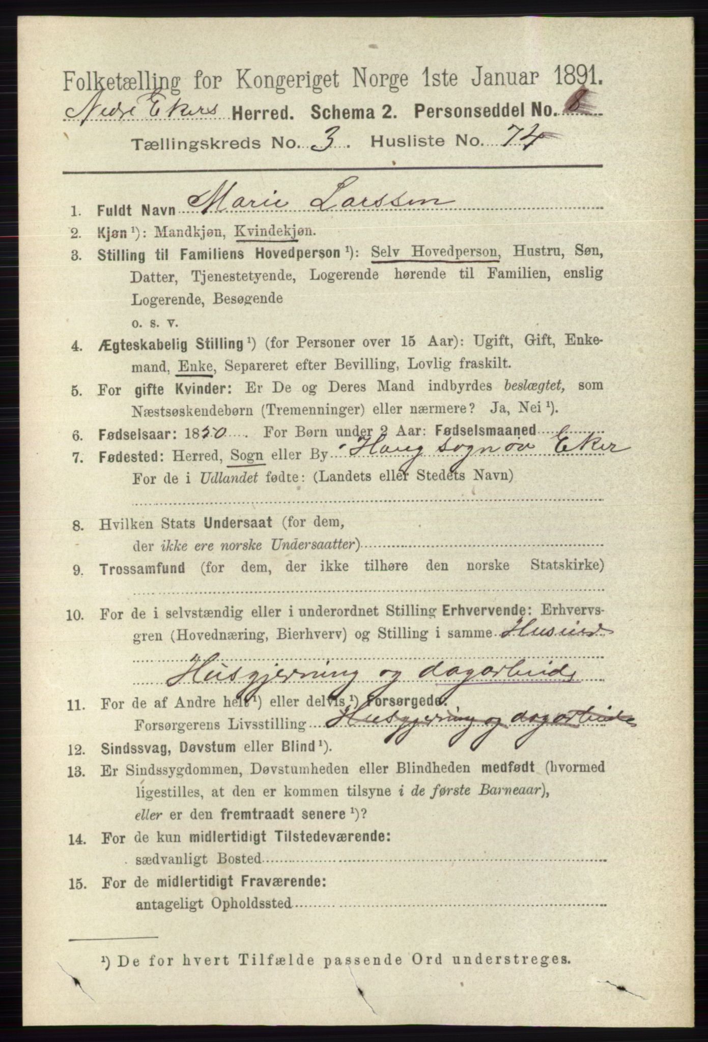 RA, 1891 census for 0625 Nedre Eiker, 1891, p. 1595