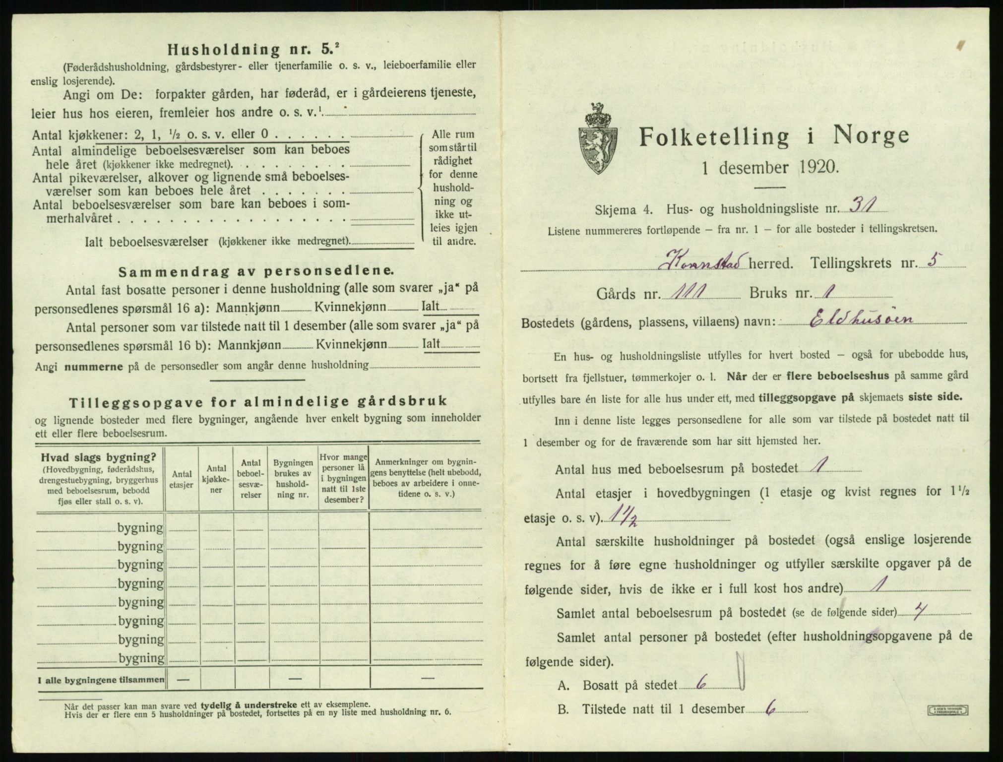 SAT, 1920 census for Kornstad, 1920, p. 425