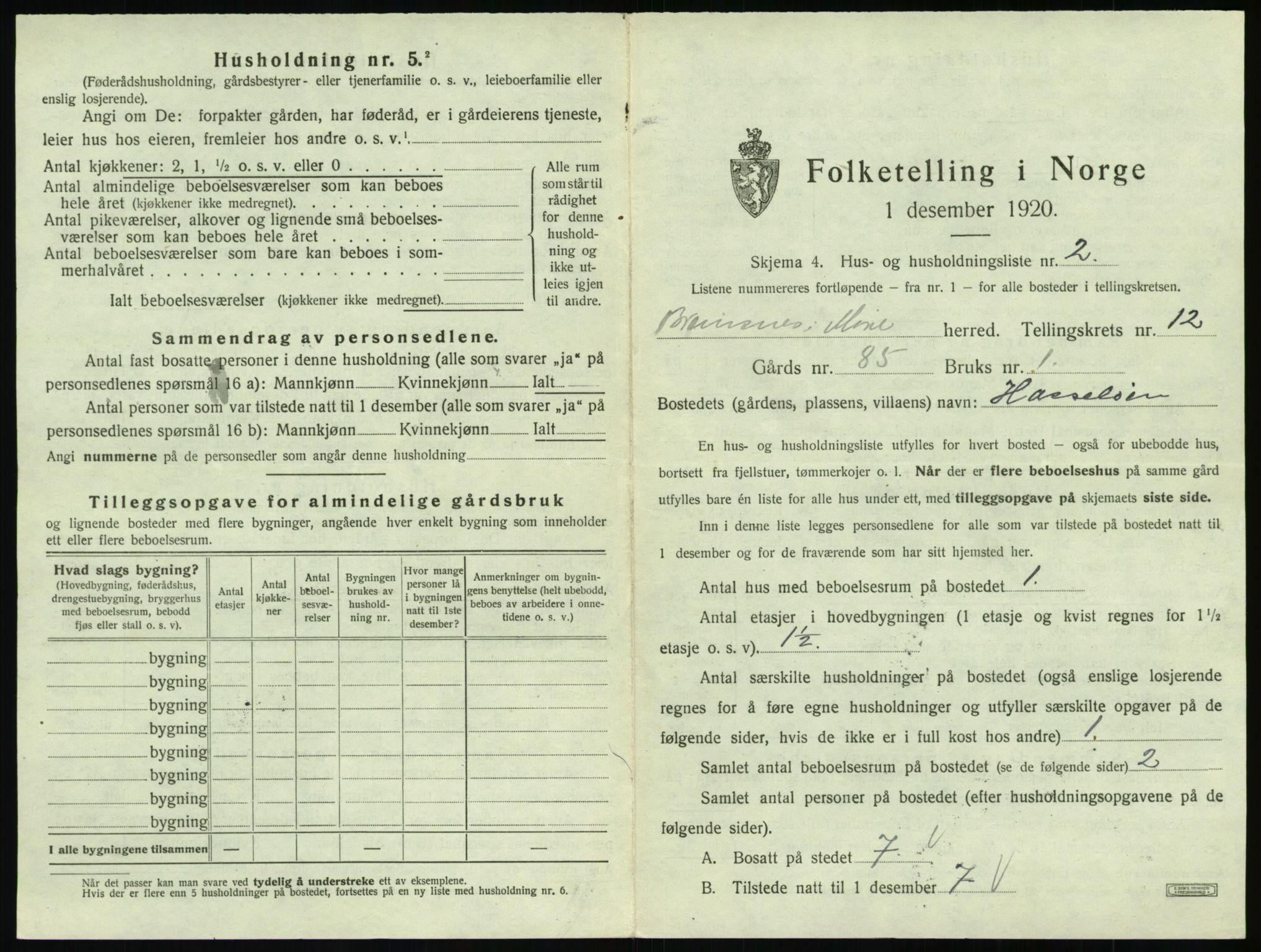 SAT, 1920 census for Bremsnes, 1920, p. 1337