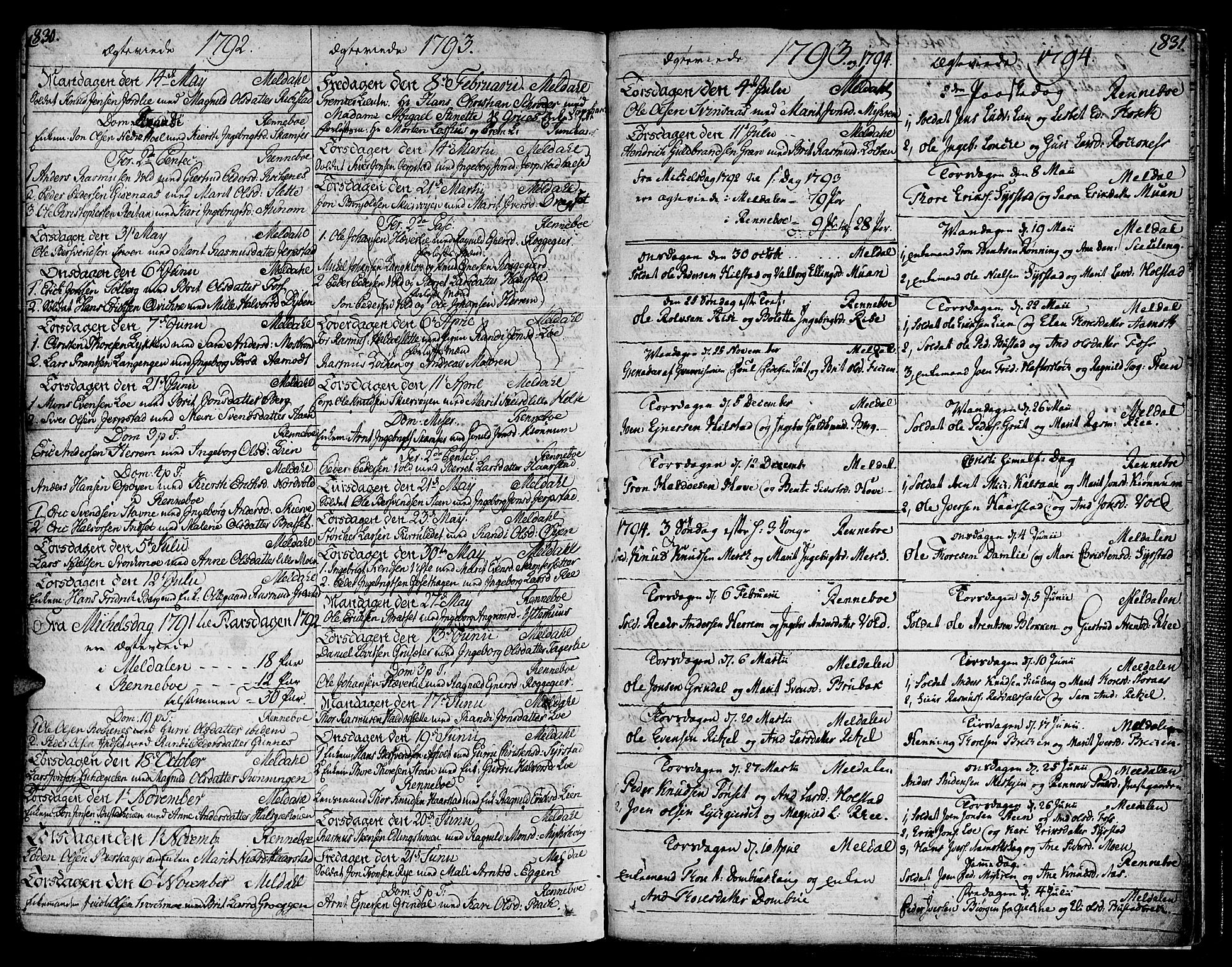 Ministerialprotokoller, klokkerbøker og fødselsregistre - Sør-Trøndelag, SAT/A-1456/672/L0852: Parish register (official) no. 672A05, 1776-1815, p. 830-831