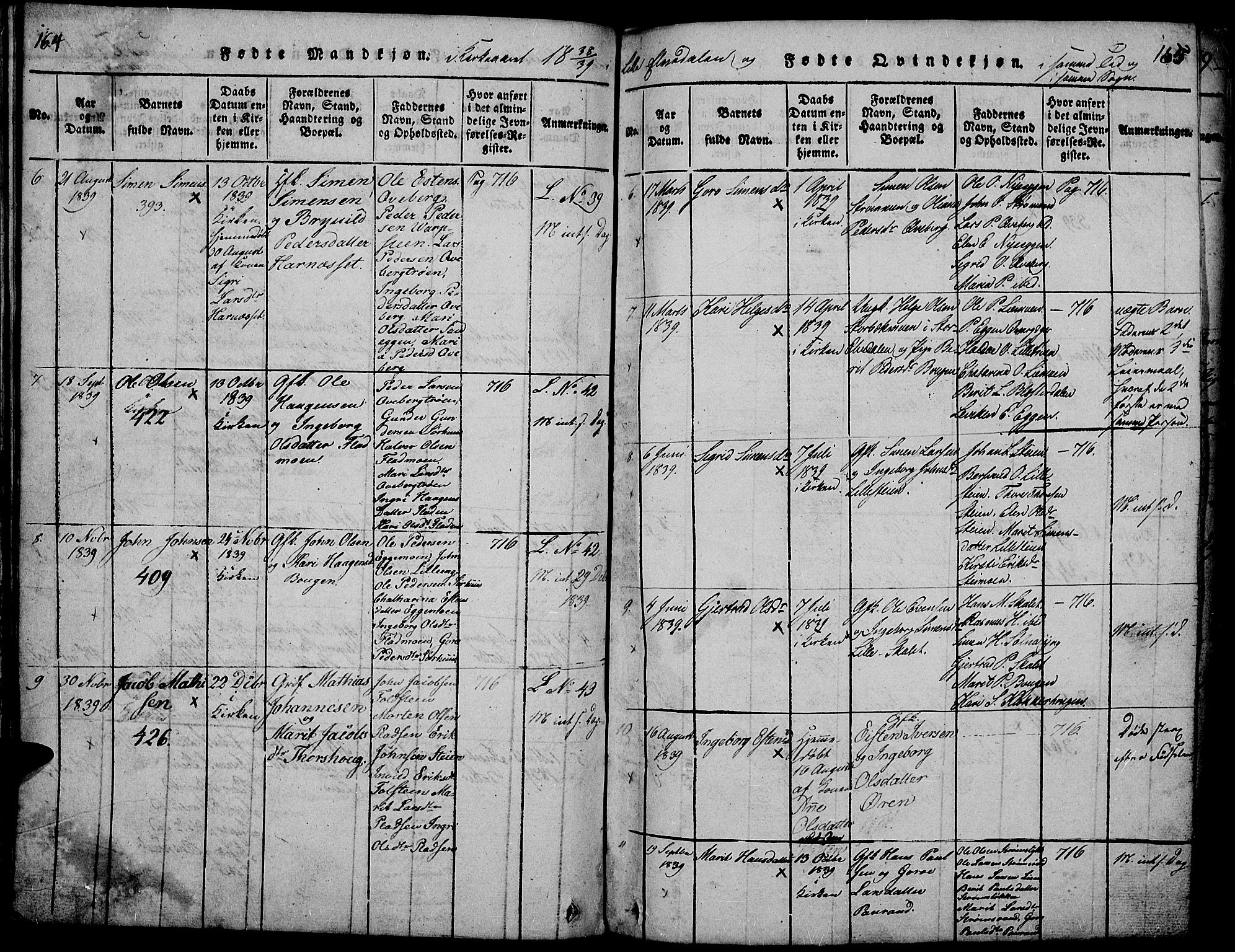 Tynset prestekontor, SAH/PREST-058/H/Ha/Hab/L0002: Parish register (copy) no. 2, 1814-1862, p. 164-165