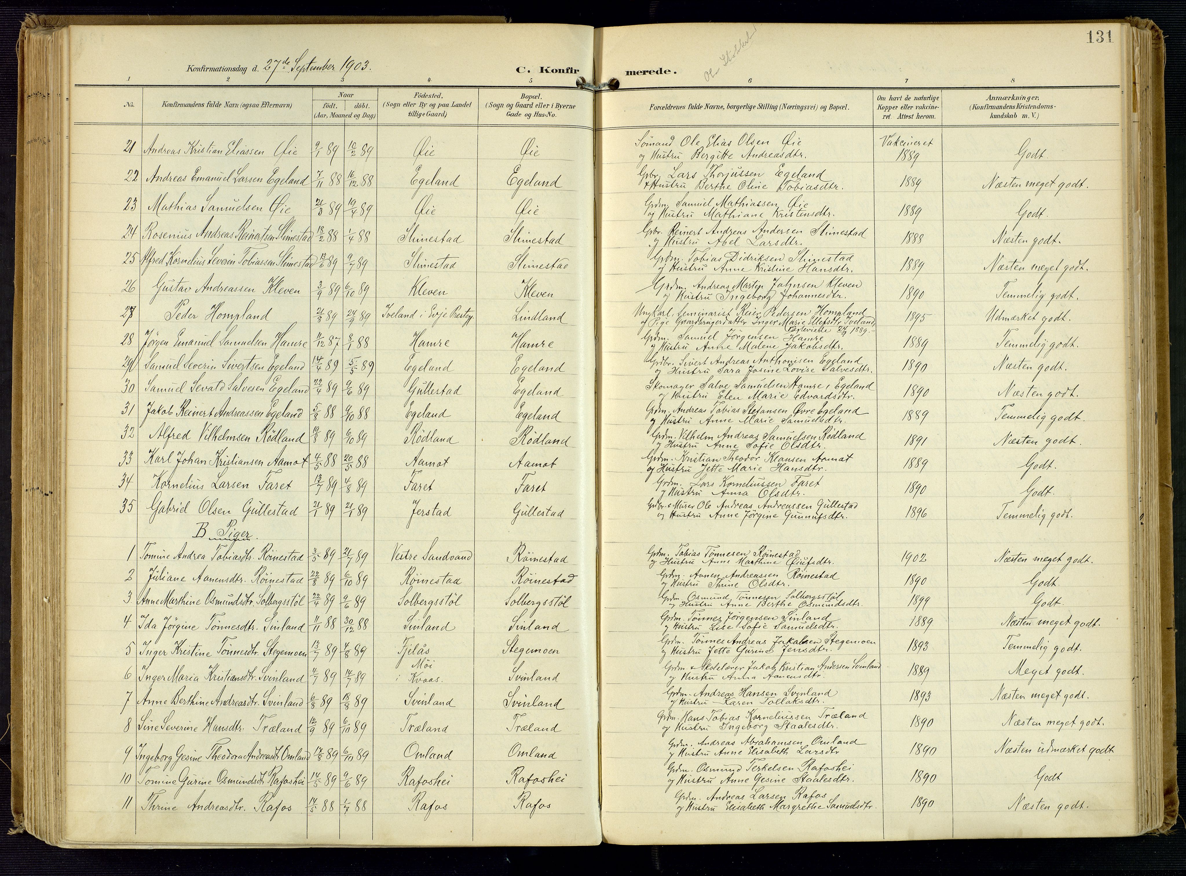 Kvinesdal sokneprestkontor, AV/SAK-1111-0026/F/Fa/Fab/L0009: Parish register (official) no. A 9, 1898-1915, p. 131