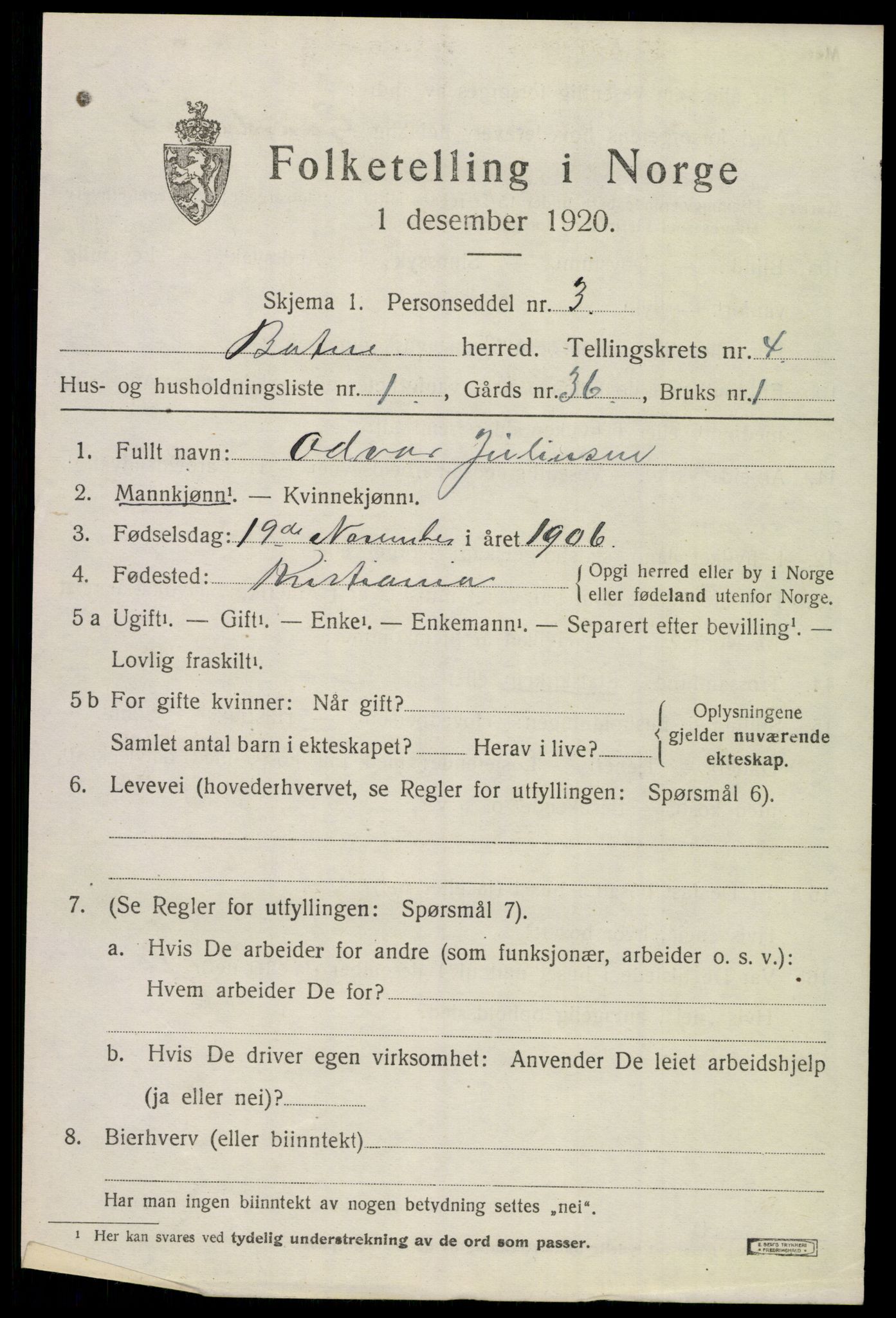 SAKO, 1920 census for Botne, 1920, p. 3589