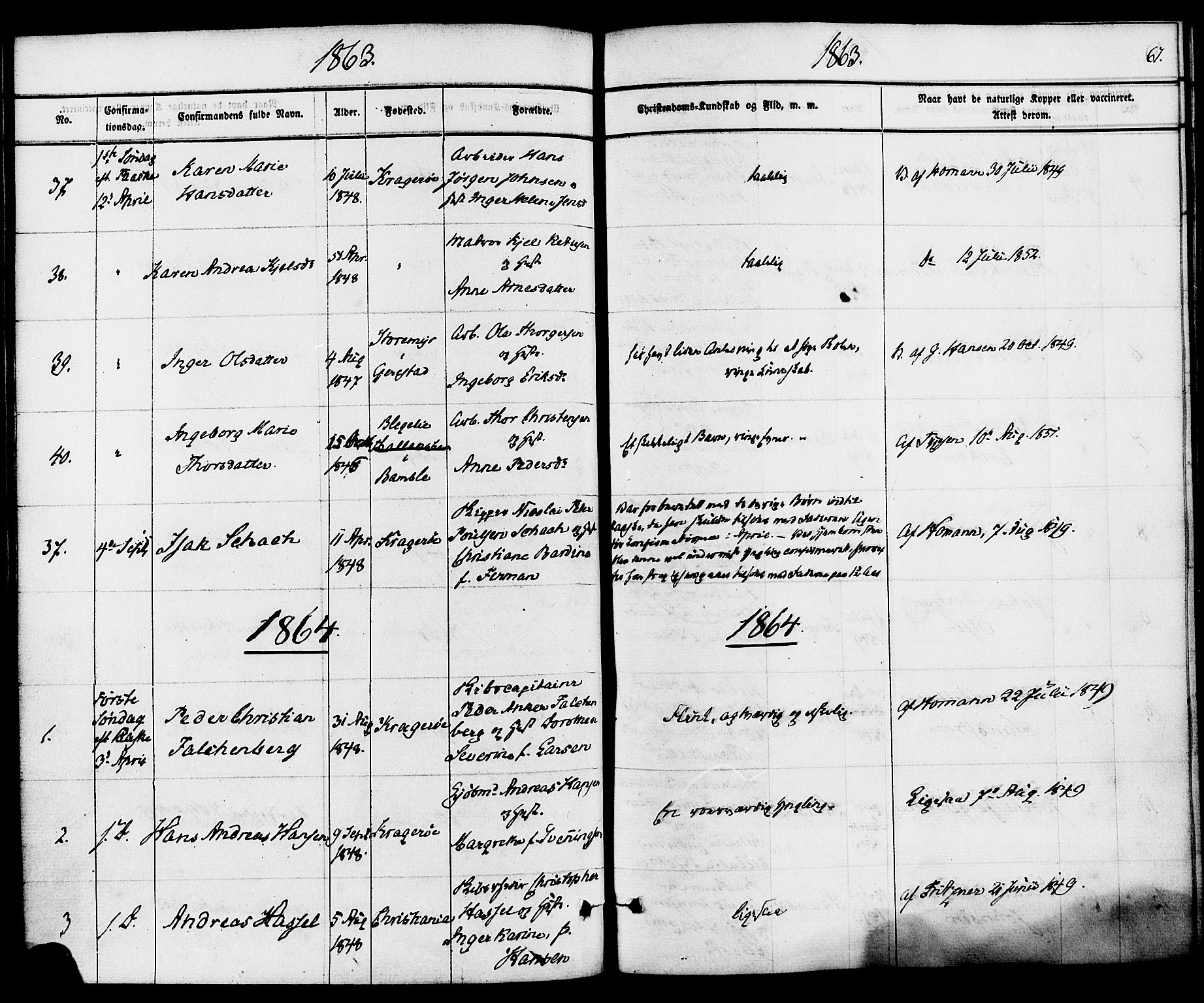 Kragerø kirkebøker, SAKO/A-278/F/Fa/L0008: Parish register (official) no. 8, 1856-1880, p. 67