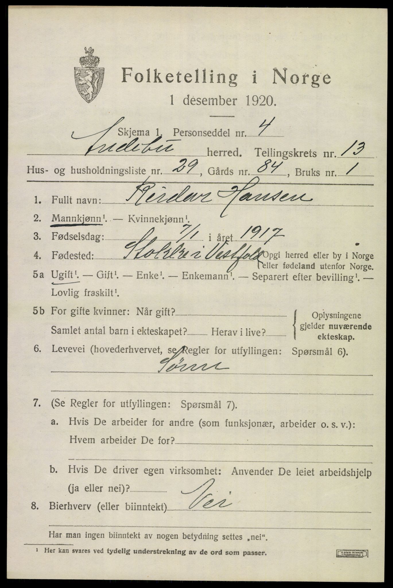 SAKO, 1920 census for Andebu, 1920, p. 5084