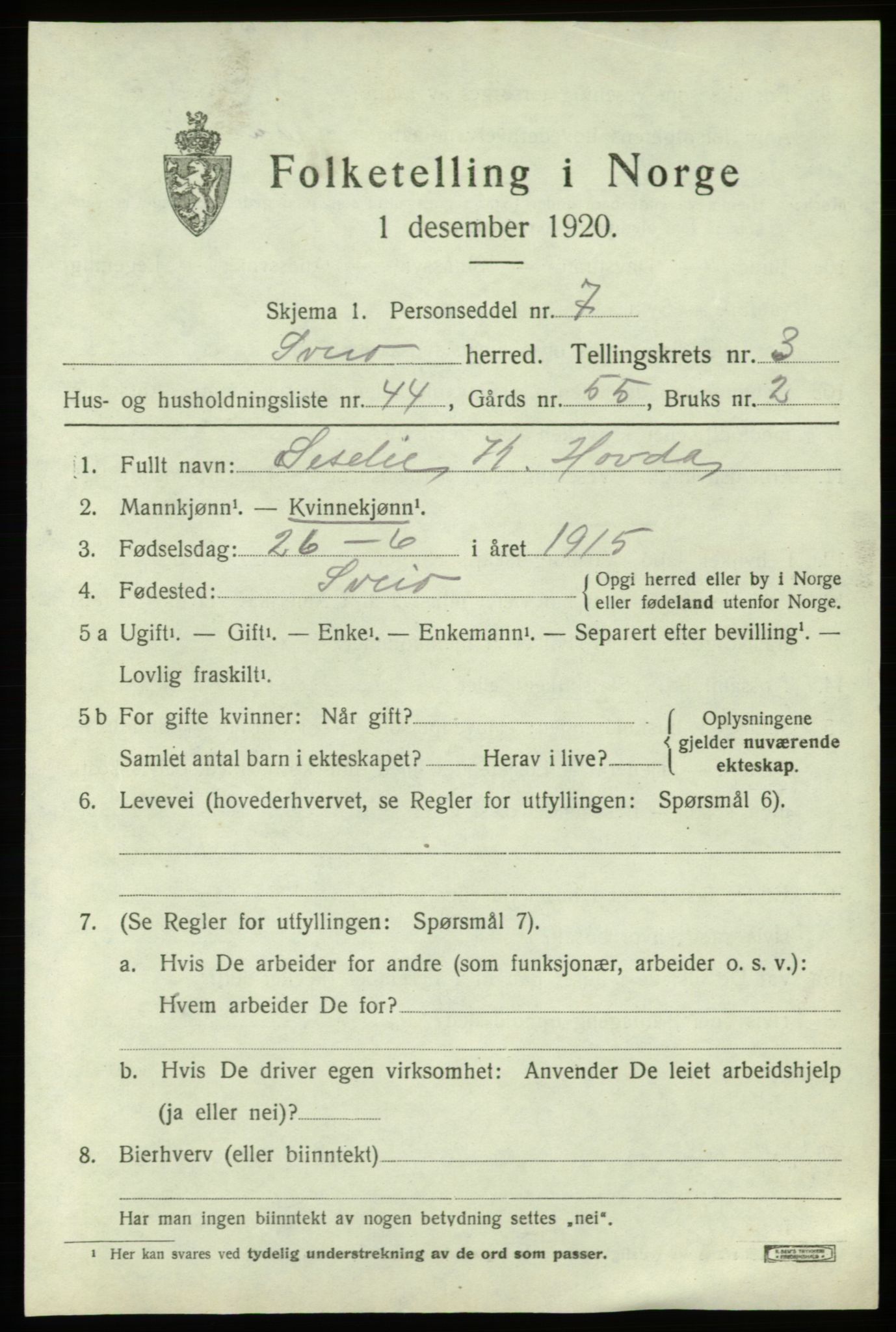 SAB, 1920 census for Sveio, 1920, p. 2022
