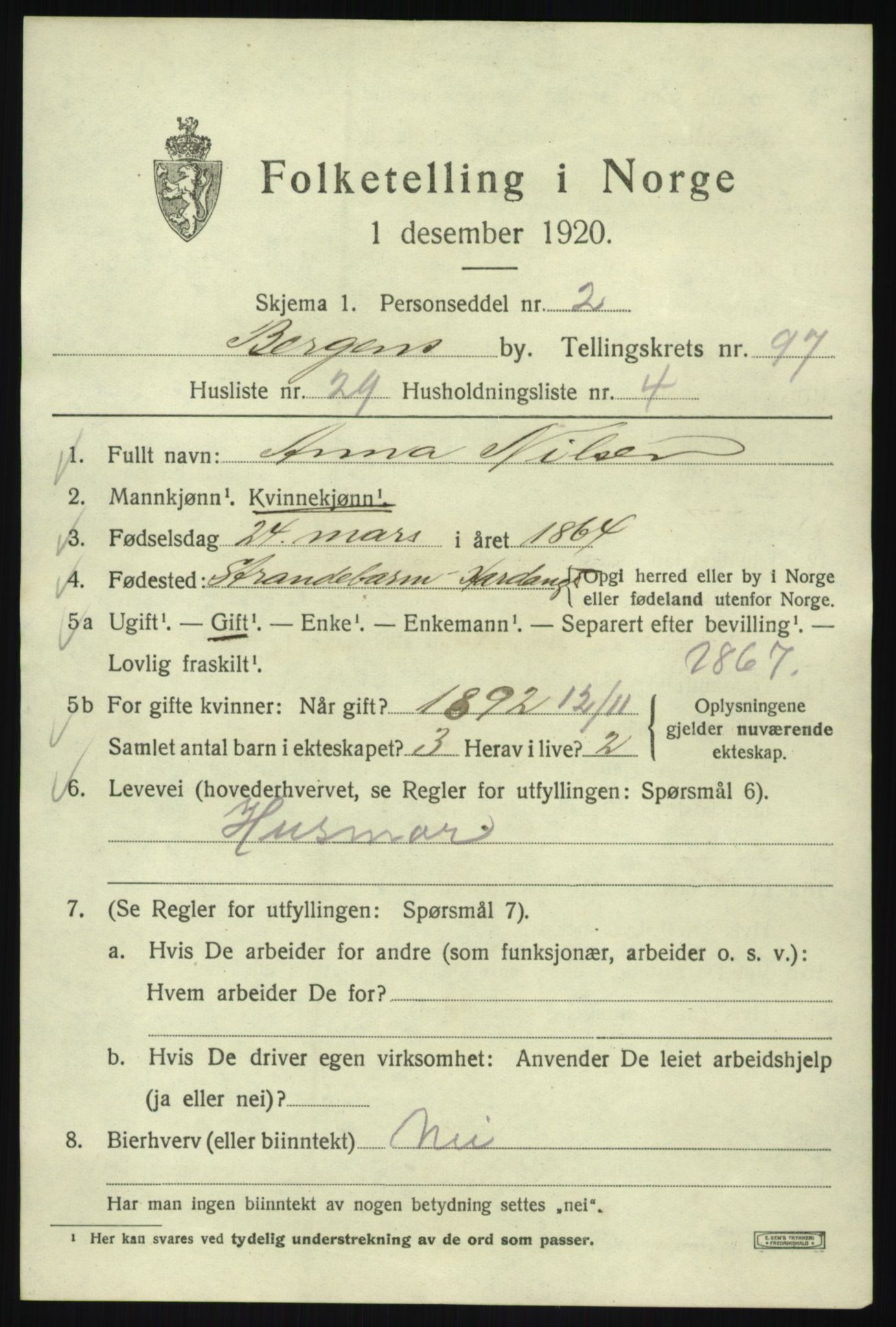 SAB, 1920 census for Bergen, 1920, p. 172068