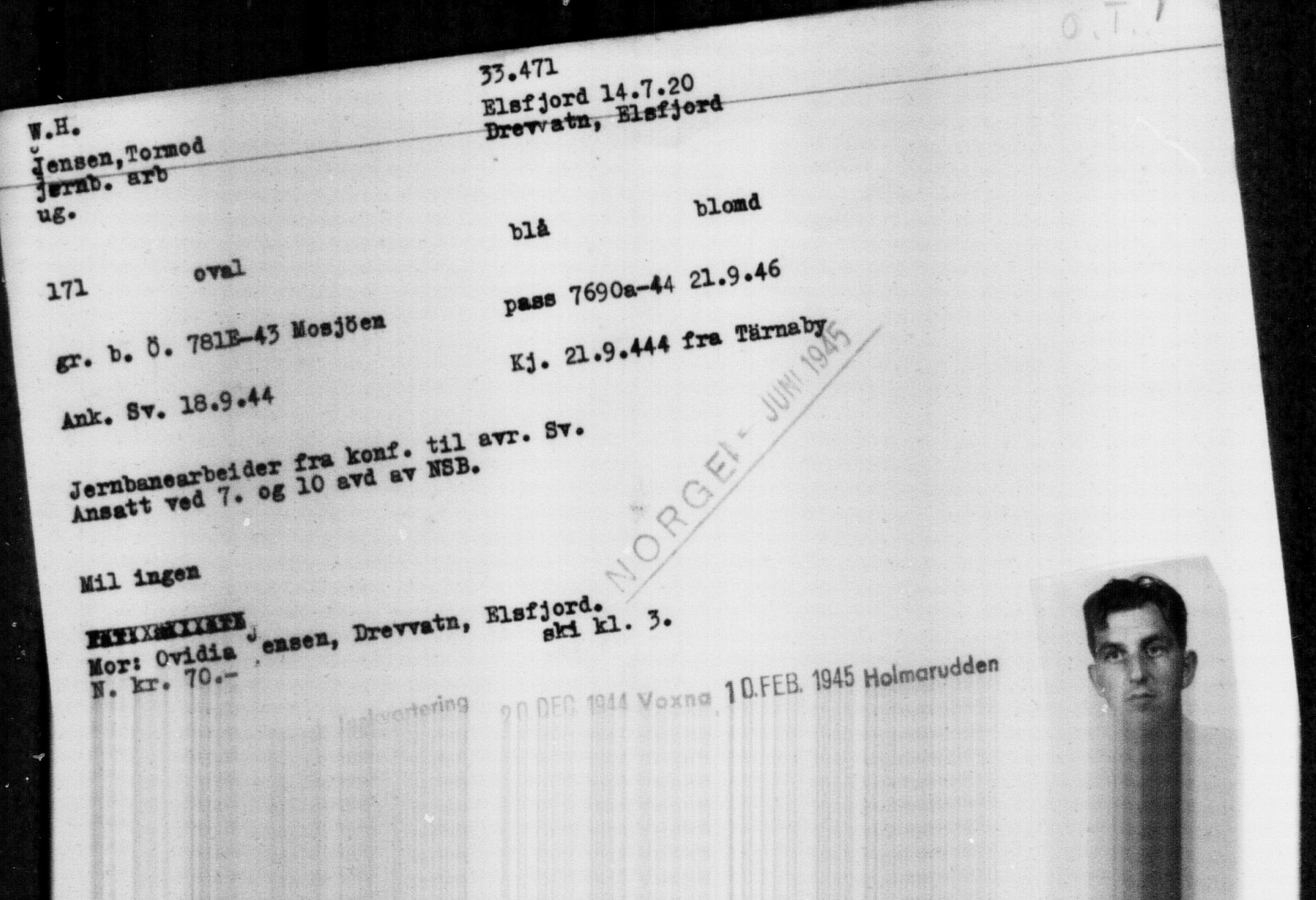 Utenriksstasjonene, Legasjonen i Stockholm, Flyktningkontoret, AV/RA-S-6753/V/Va/L0013: Kjesäterkartoteket, flyktninger med registreringsnr. 31500-34731, 1940-1945, p. 2077