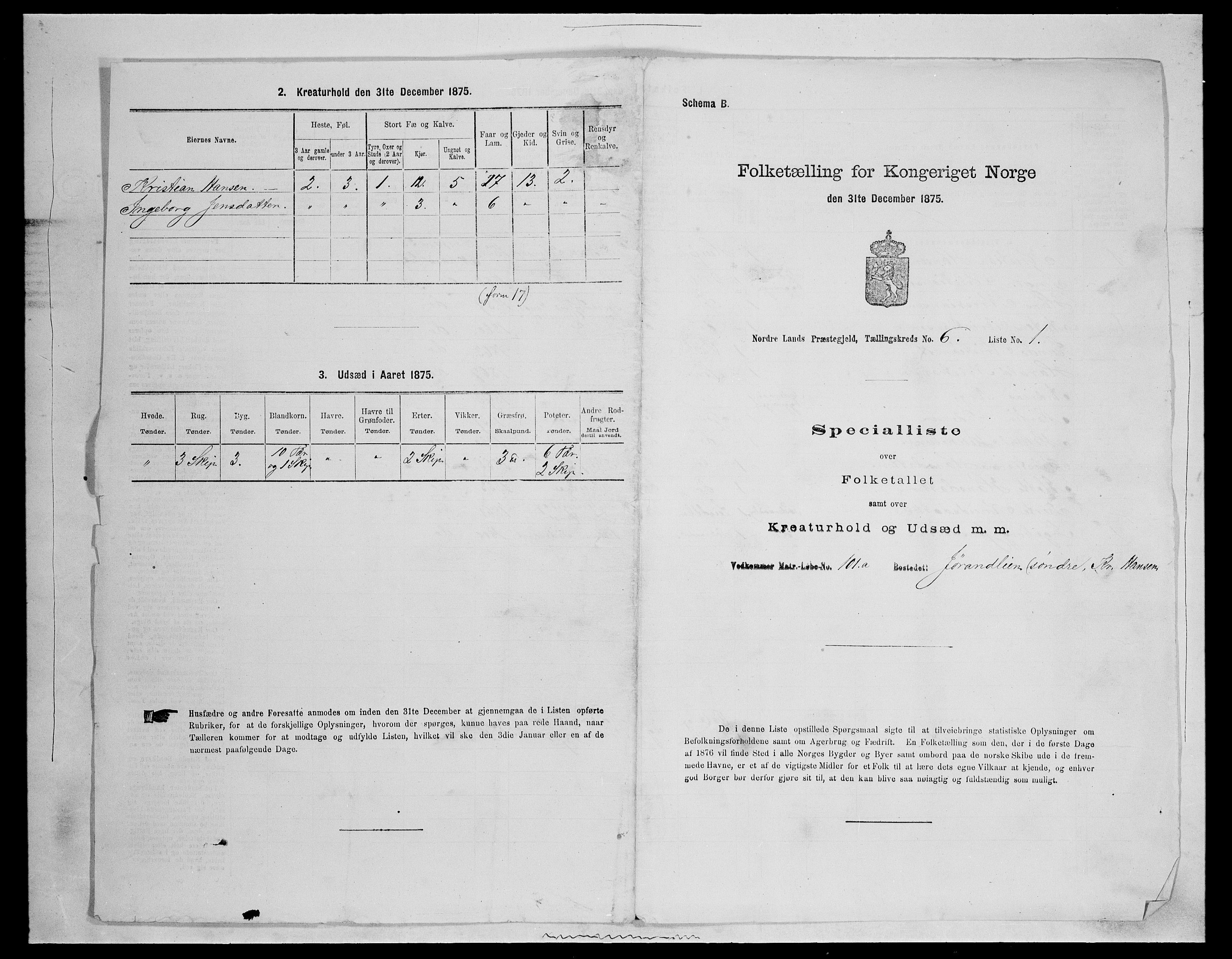 SAH, 1875 census for 0538P Nordre Land, 1875, p. 924
