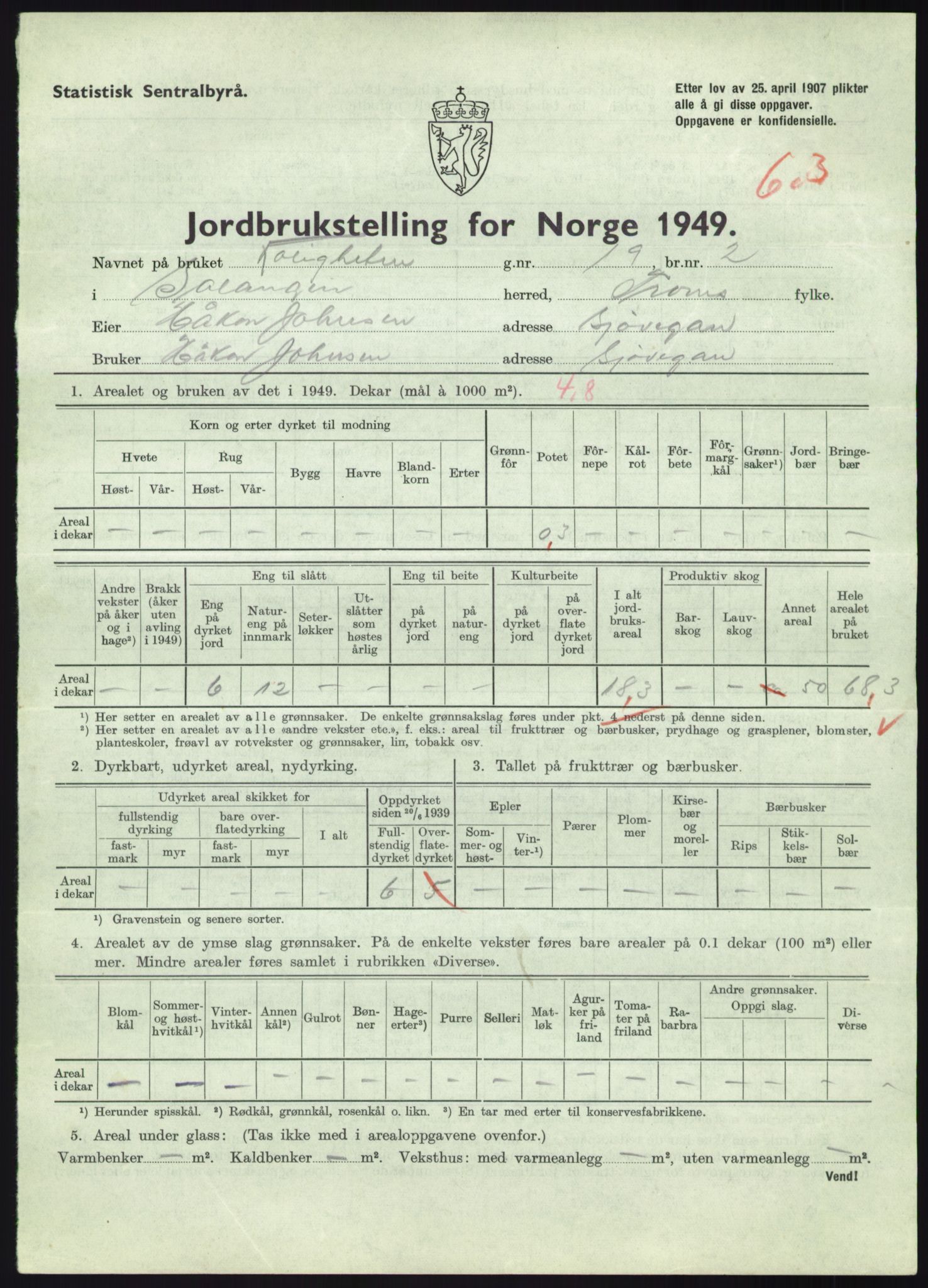 Statistisk sentralbyrå, Næringsøkonomiske emner, Jordbruk, skogbruk, jakt, fiske og fangst, AV/RA-S-2234/G/Gc/L0438: Troms: Salangen og Bardu, 1949, p. 391