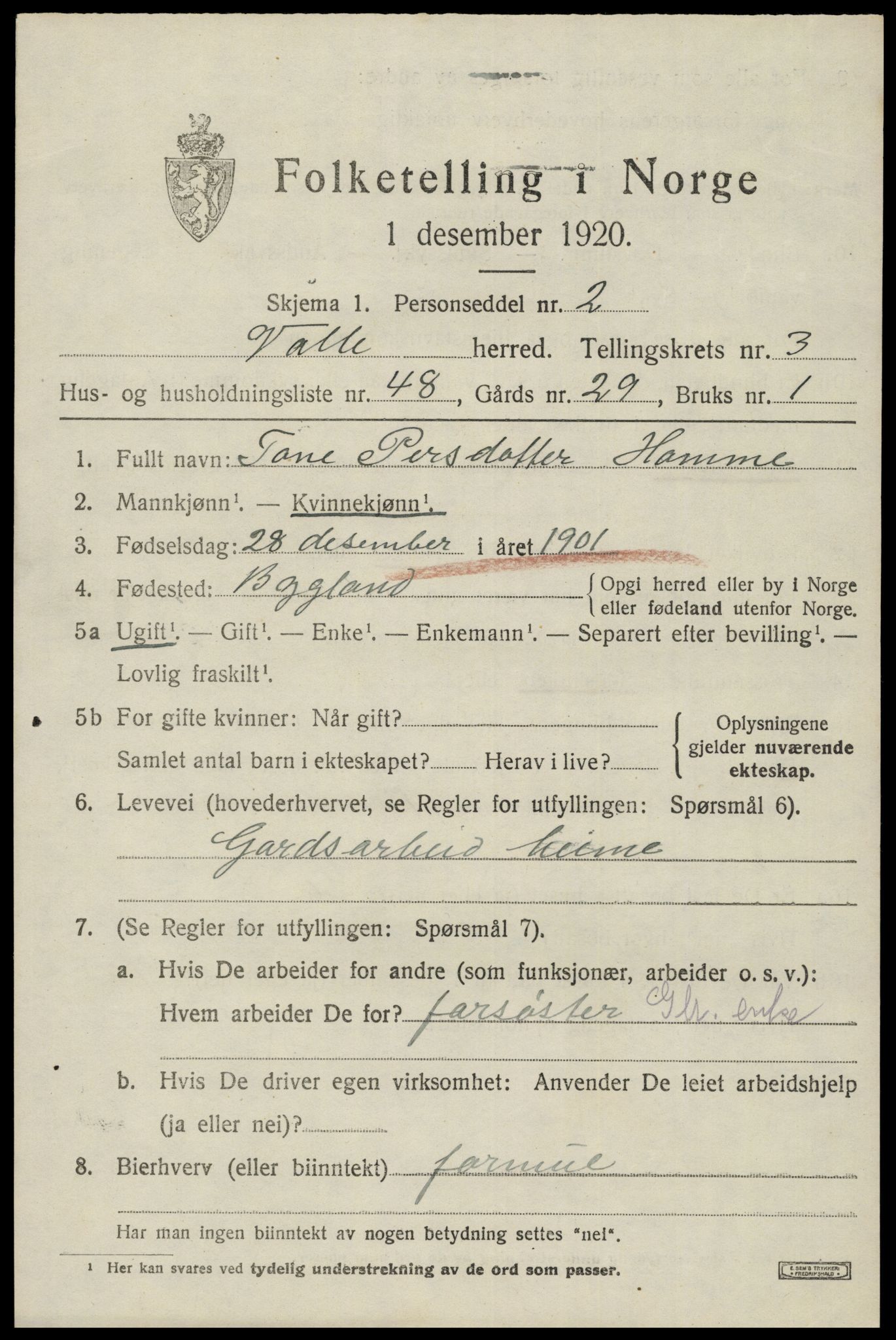 SAK, 1920 census for Valle, 1920, p. 1999