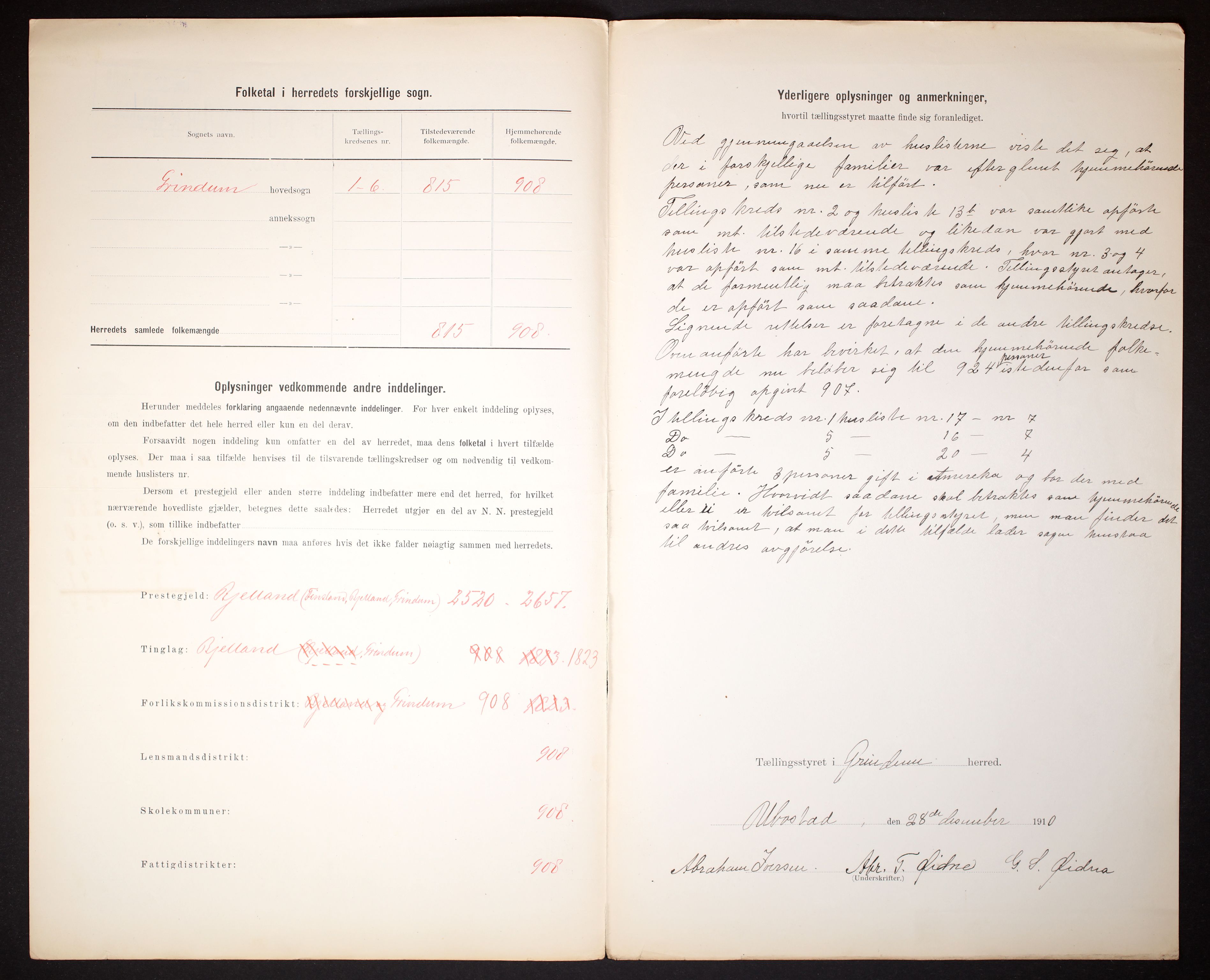 RA, 1910 census for Grindheim, 1910, p. 2