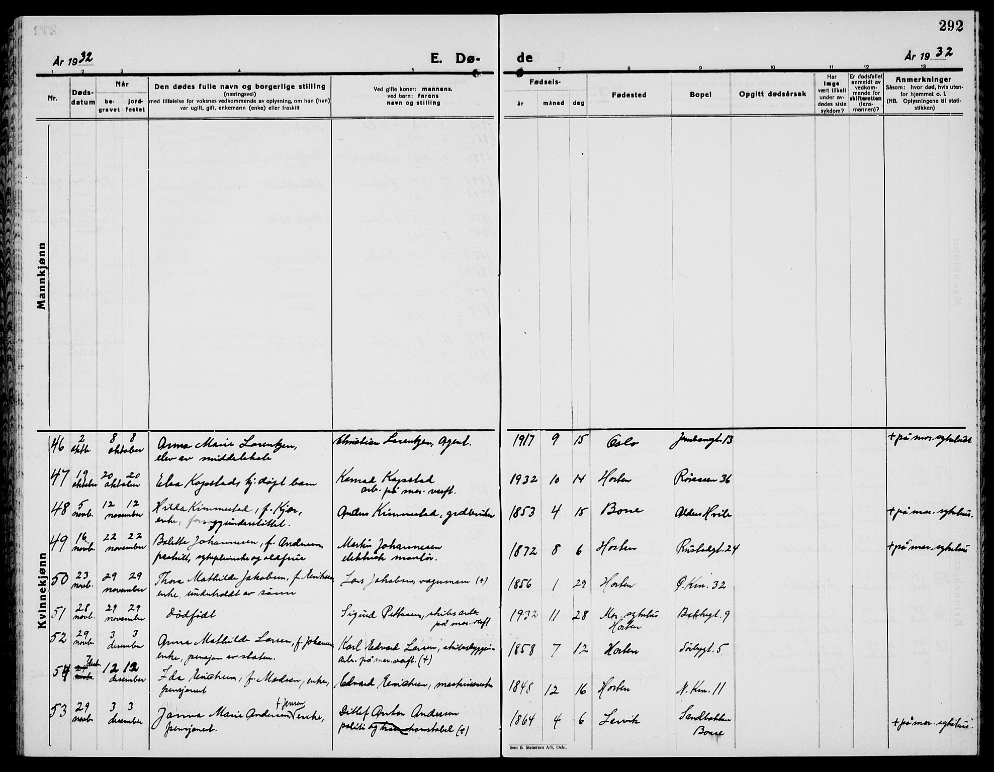 Horten kirkebøker, AV/SAKO-A-348/G/Ga/L0009: Parish register (copy) no. 9, 1926-1936, p. 292