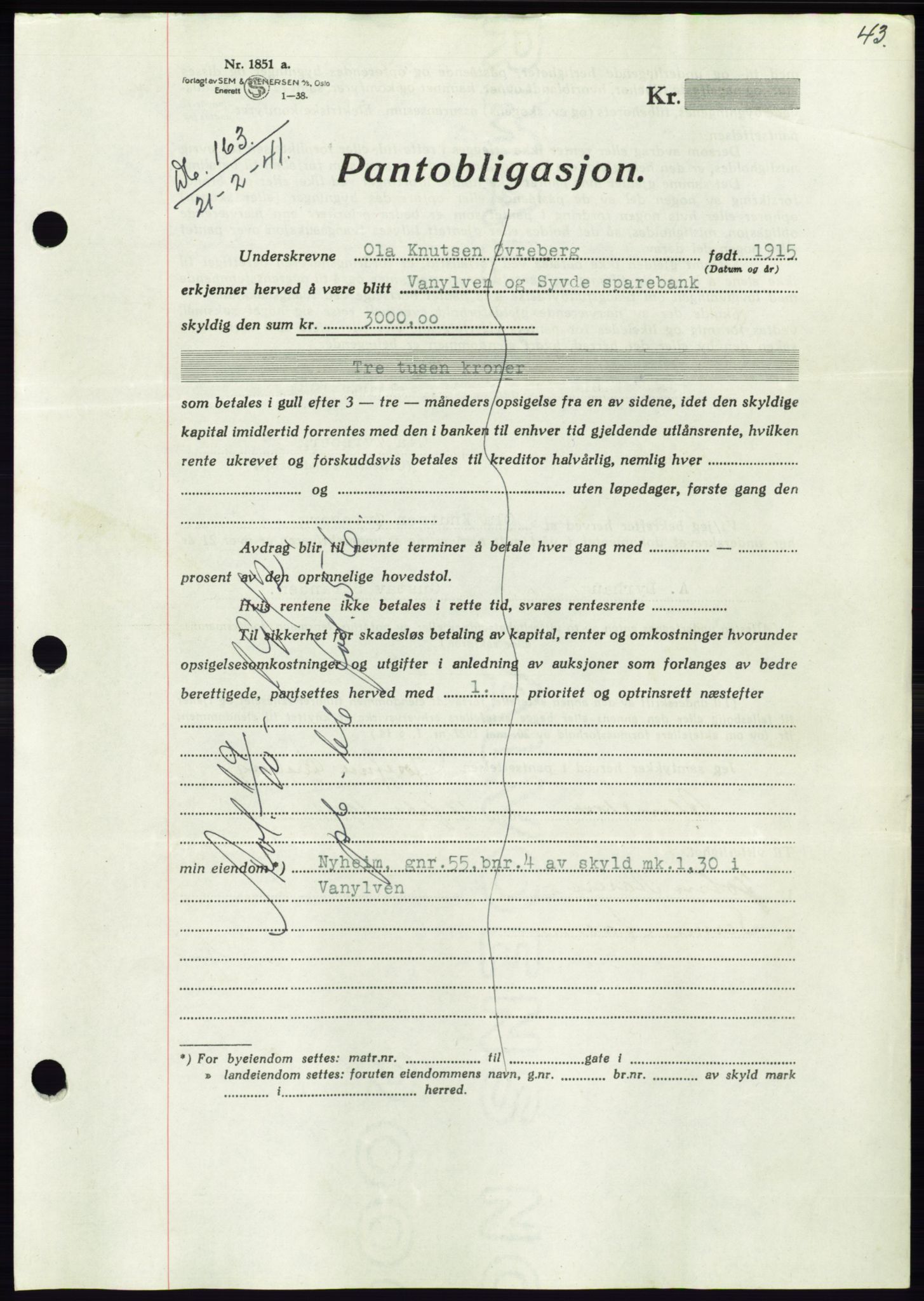 Søre Sunnmøre sorenskriveri, AV/SAT-A-4122/1/2/2C/L0071: Mortgage book no. 65, 1941-1941, Diary no: : 163/1941