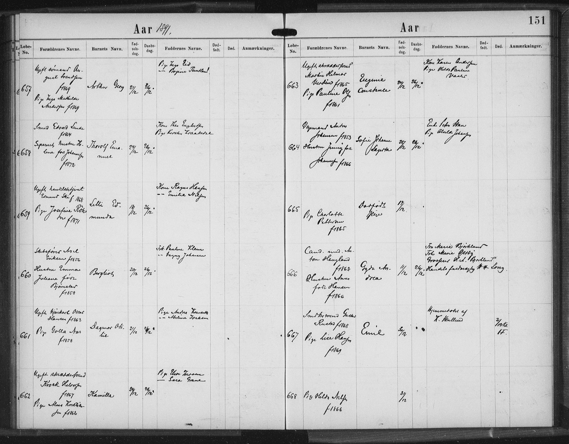 Rikshospitalet prestekontor Kirkebøker, SAO/A-10309b/K/L0003/0003: Baptism register no. 3.3, 1889-1892, p. 151