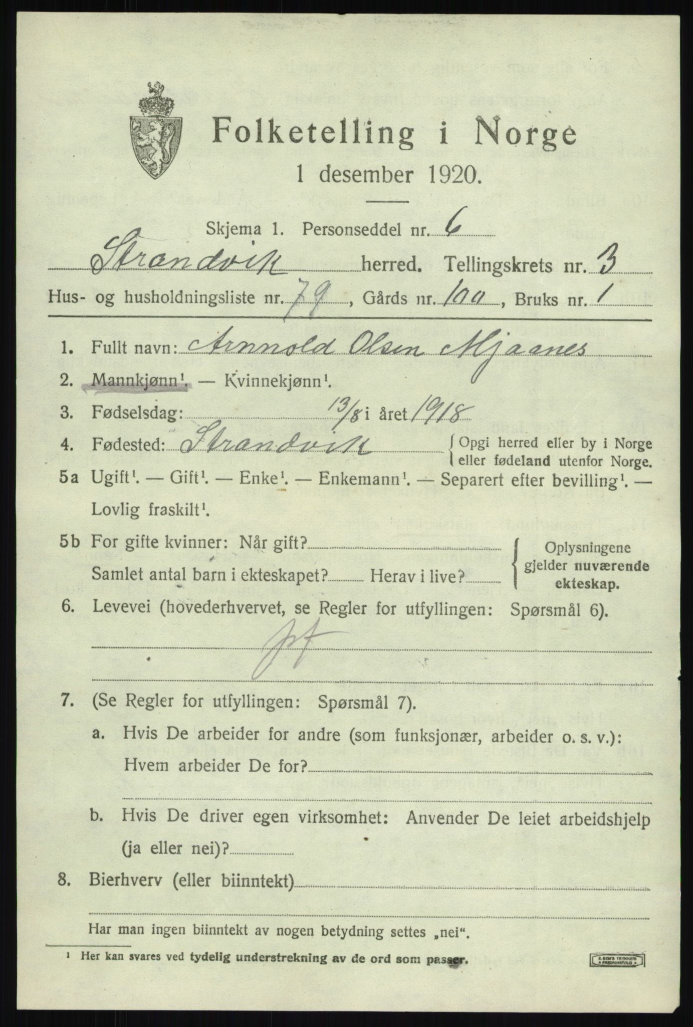 SAB, 1920 census for Strandvik, 1920, p. 3144