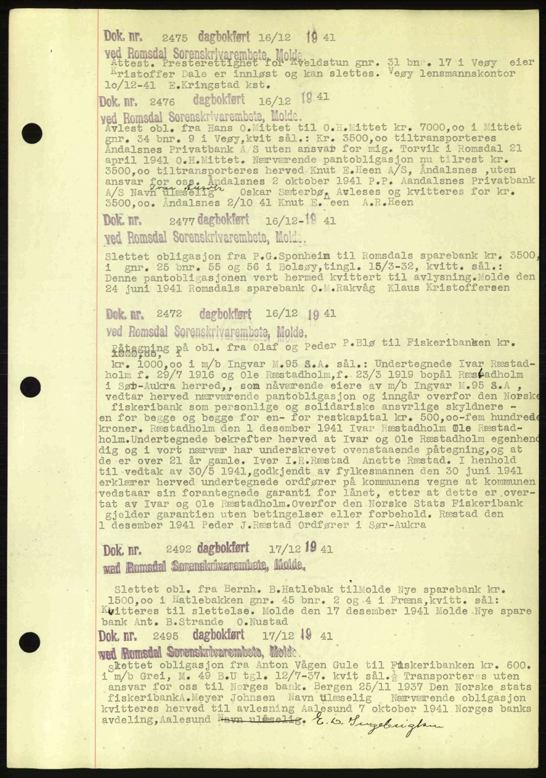 Romsdal sorenskriveri, AV/SAT-A-4149/1/2/2C: Mortgage book no. C1a, 1936-1945, Diary no: : 2475/1941