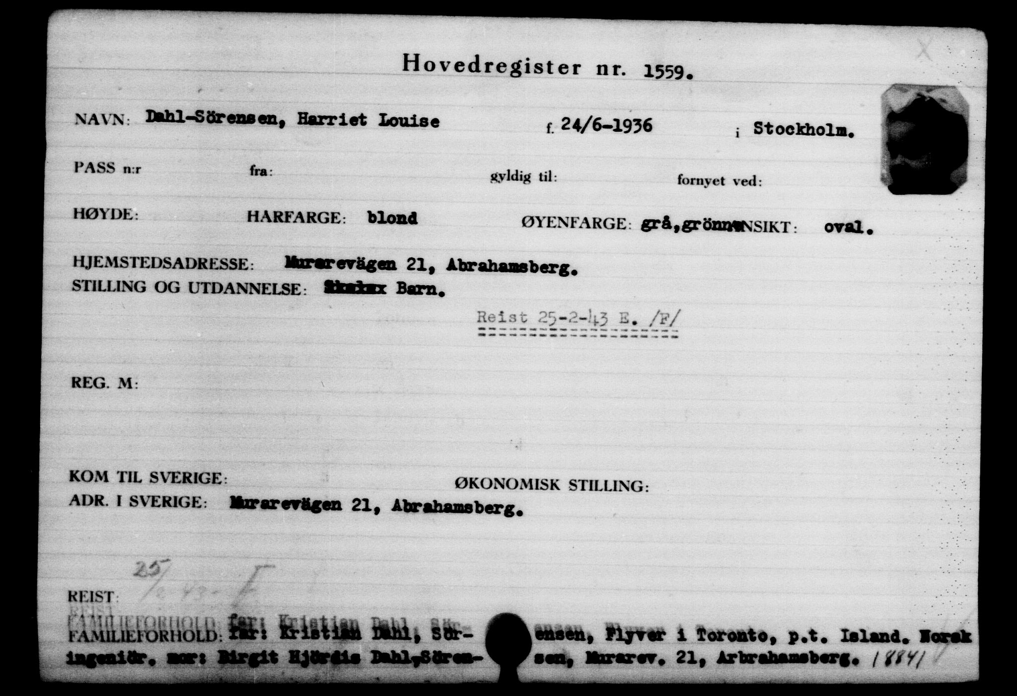 Den Kgl. Norske Legasjons Flyktningskontor, RA/S-6753/V/Va/L0002: Kjesäterkartoteket.  Flyktningenr. 1001-2000, 1940-1945, p. 796