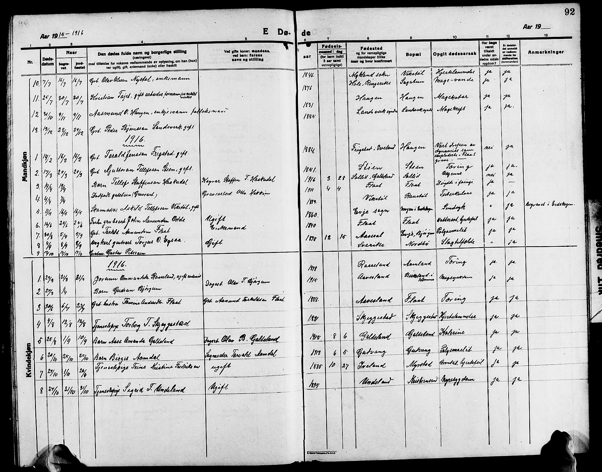 Evje sokneprestkontor, SAK/1111-0008/F/Fb/Fba/L0005: Parish register (copy) no. B 5, 1914-1926, p. 92