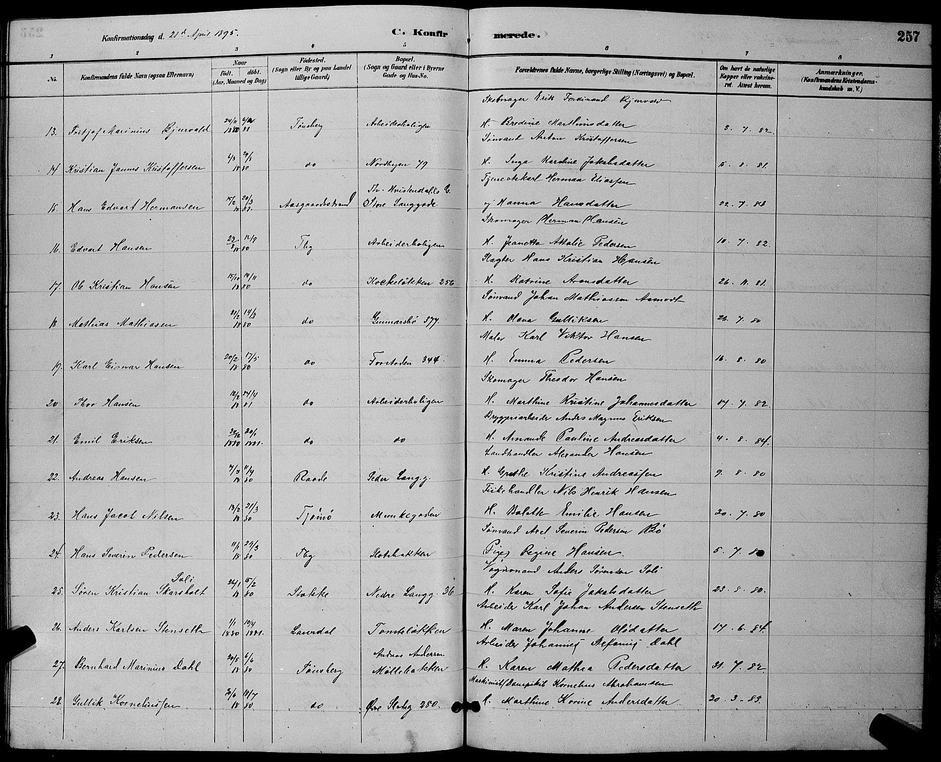 Tønsberg kirkebøker, AV/SAKO-A-330/G/Ga/L0006: Parish register (copy) no. 6, 1885-1895, p. 257