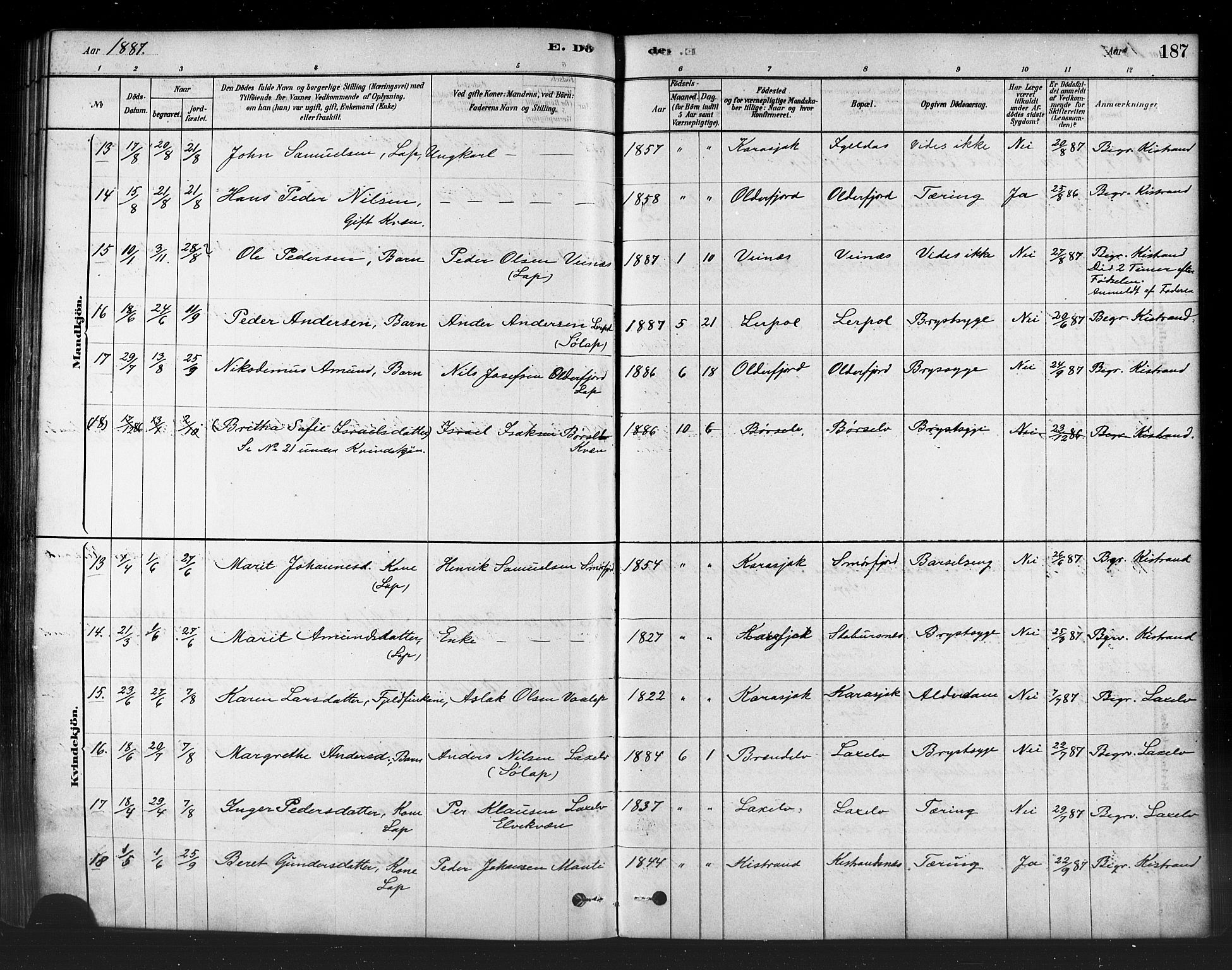 Kistrand/Porsanger sokneprestembete, SATØ/S-1351/H/Ha/L0007.kirke: Parish register (official) no. 7, 1881-1889, p. 187