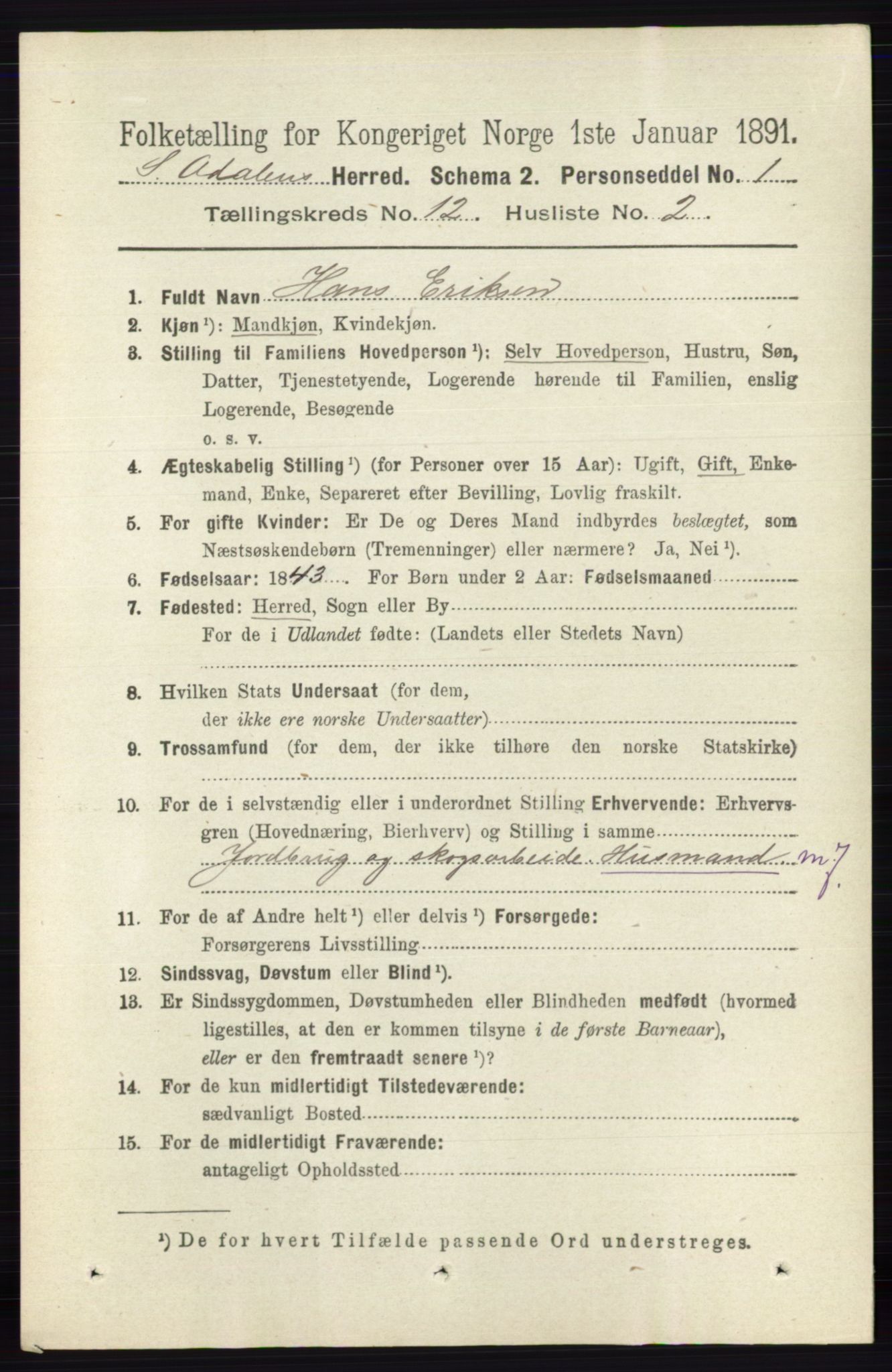 RA, 1891 census for 0419 Sør-Odal, 1891, p. 5394