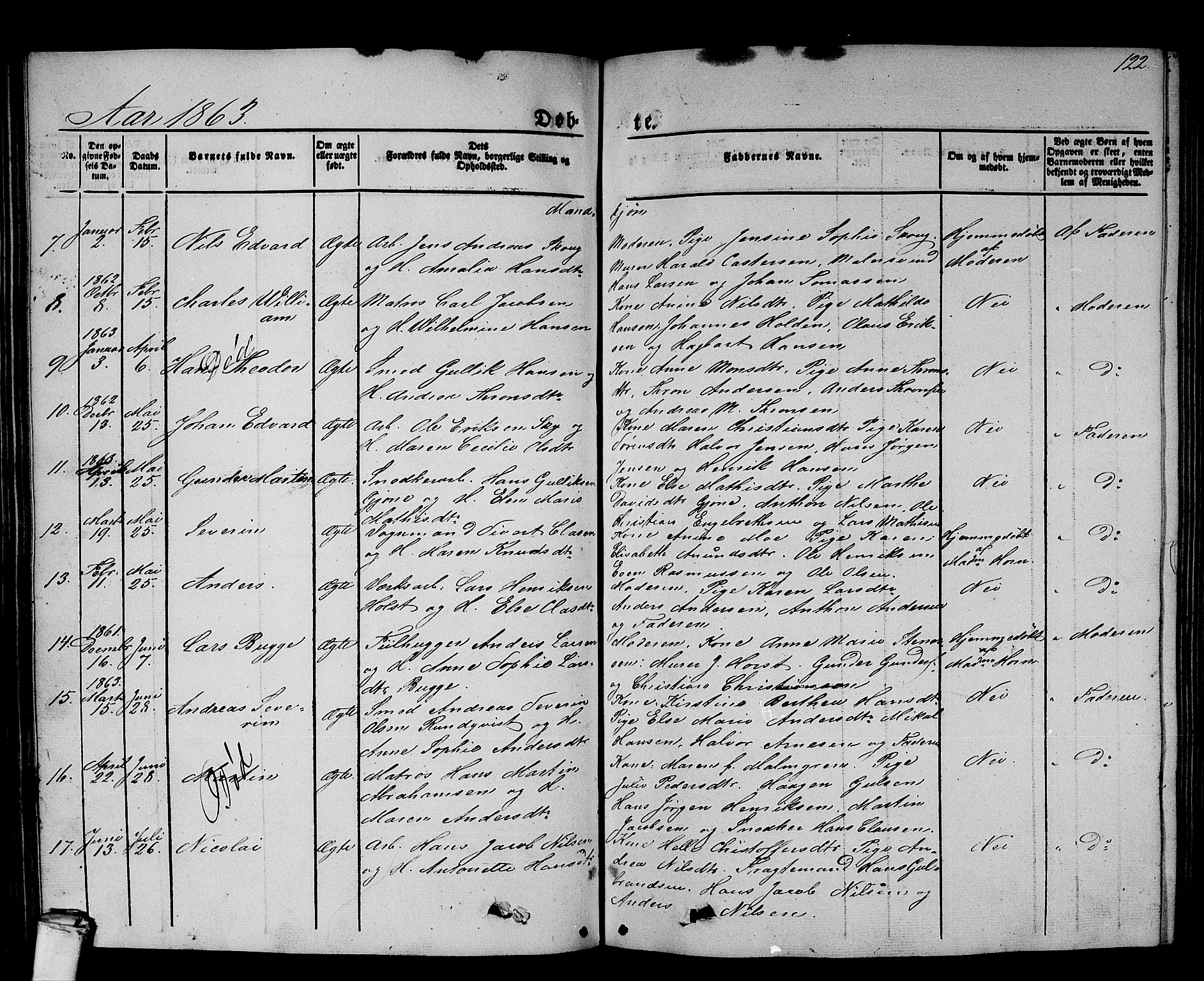 Larvik kirkebøker, SAKO/A-352/G/Gb/L0002: Parish register (copy) no. II 2, 1843-1866, p. 122