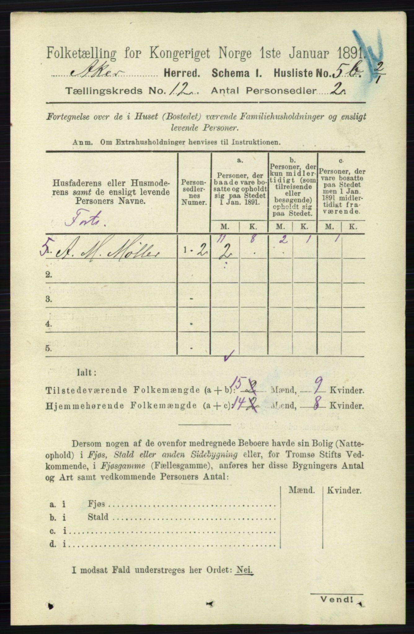 RA, 1891 census for 0218 Aker, 1891, p. 11340