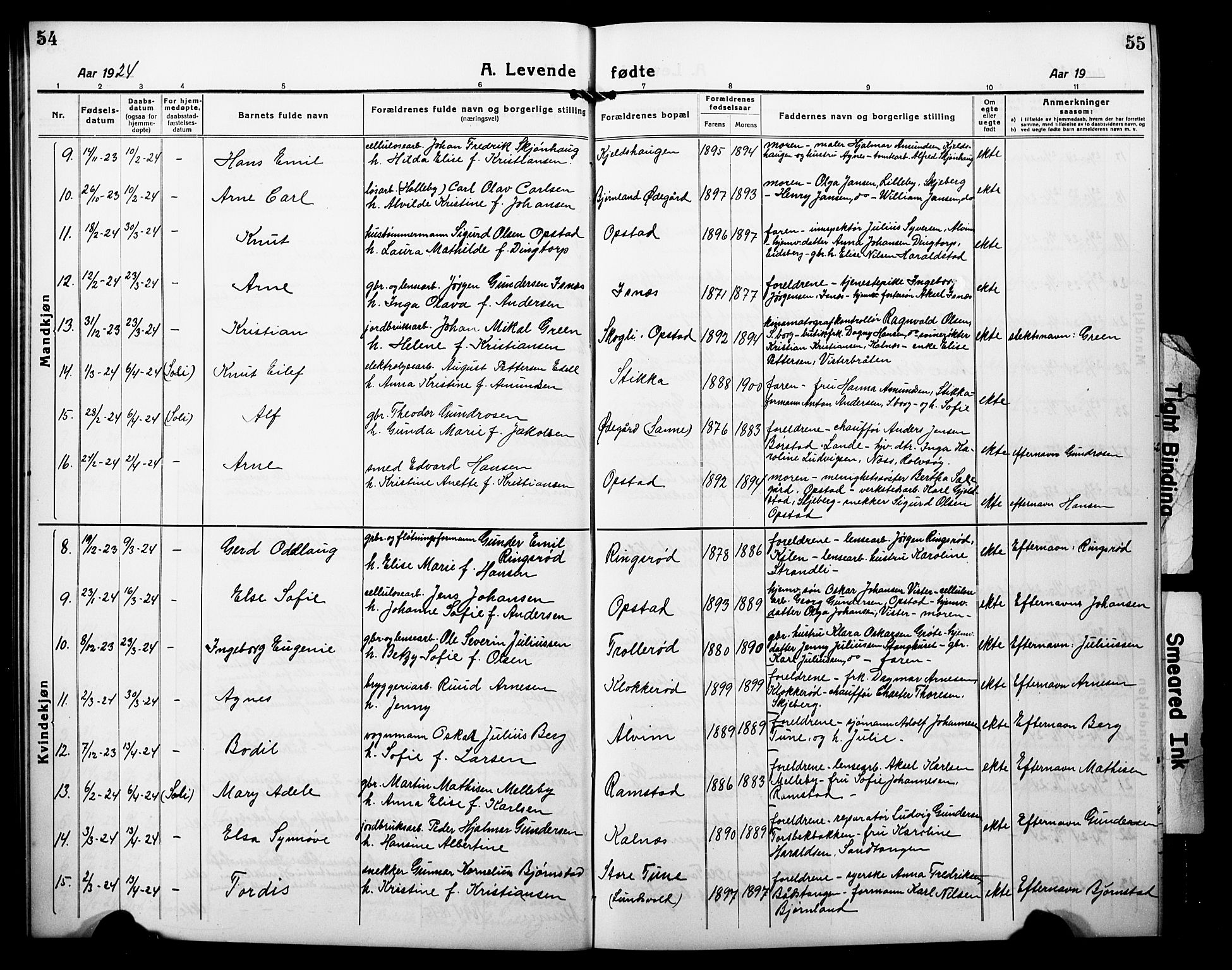 Tune prestekontor Kirkebøker, AV/SAO-A-2007/G/Ga/L0004: Parish register (copy) no. I 4, 1919-1928, p. 54-55