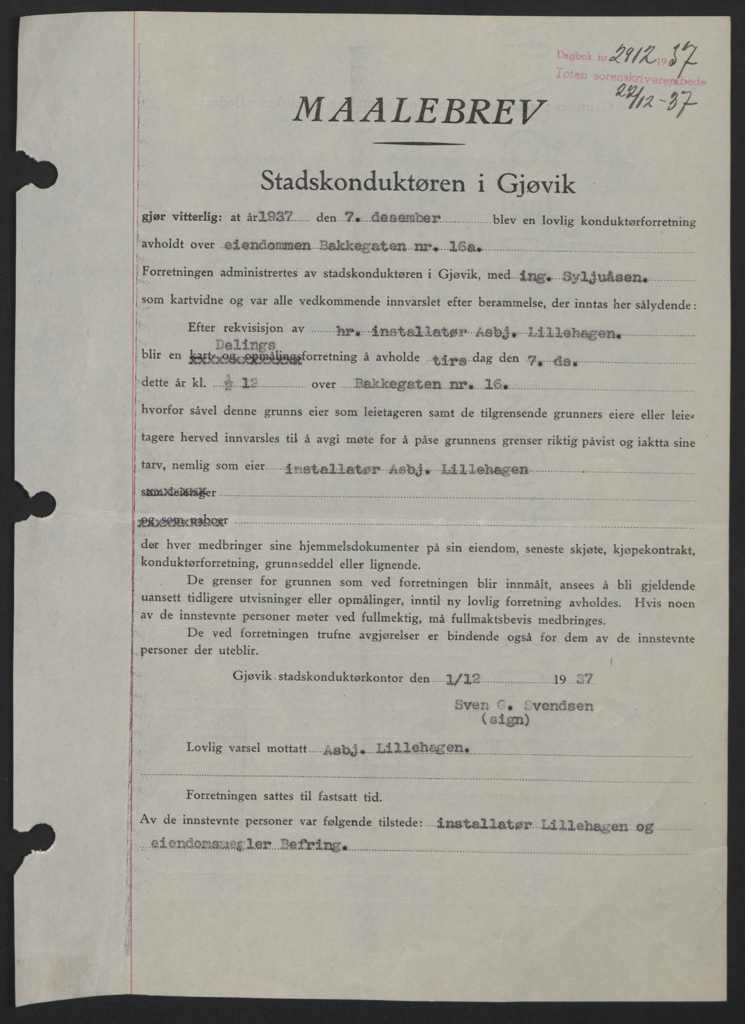 Toten tingrett, SAH/TING-006/H/Hb/Hbc/L0003: Mortgage book no. Hbc-03, 1937-1938, Diary no: : 2912/1937
